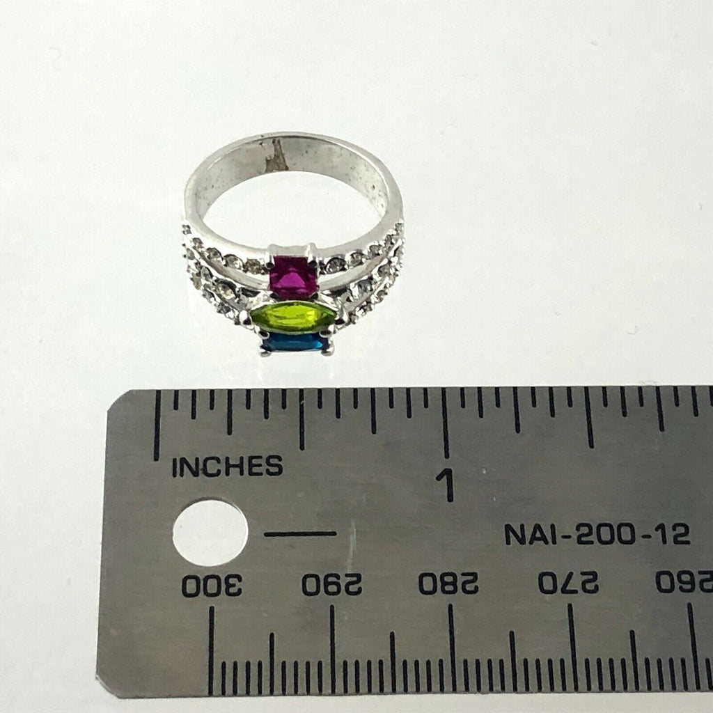 Silvertone Metal Three Rhinestone Ring Size 6.75 Pink Green Blue White Accents