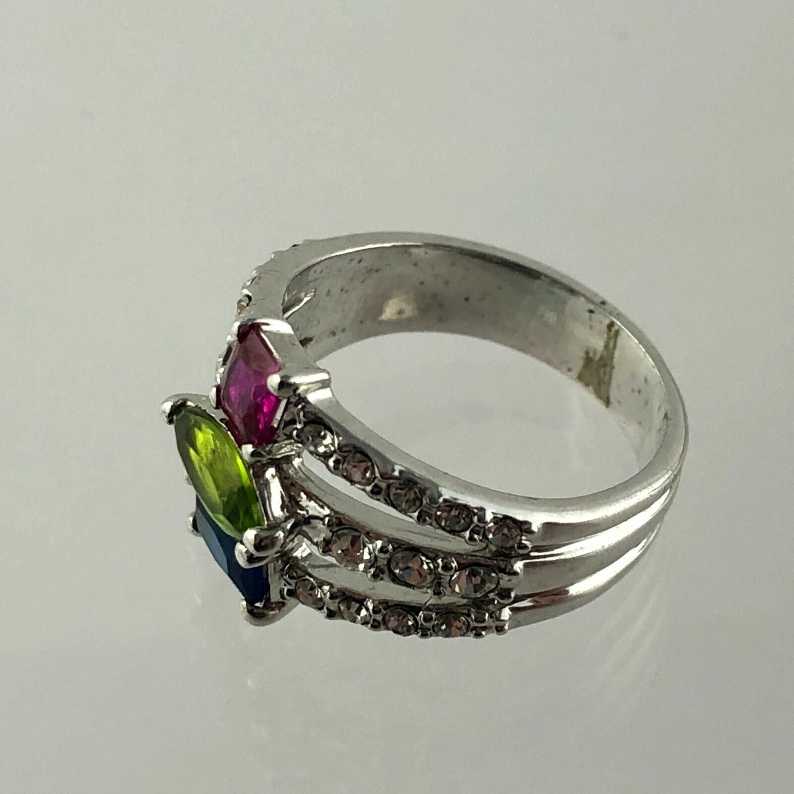 Silvertone Metal Three Rhinestone Ring Size 6.75 Pink Green Blue White Accents
