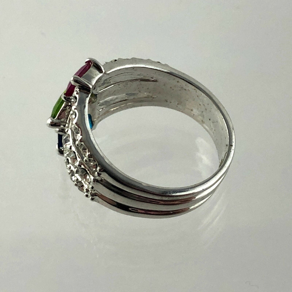 Silvertone Metal Three Rhinestone Ring Size 6.75 Pink Green Blue White Accents
