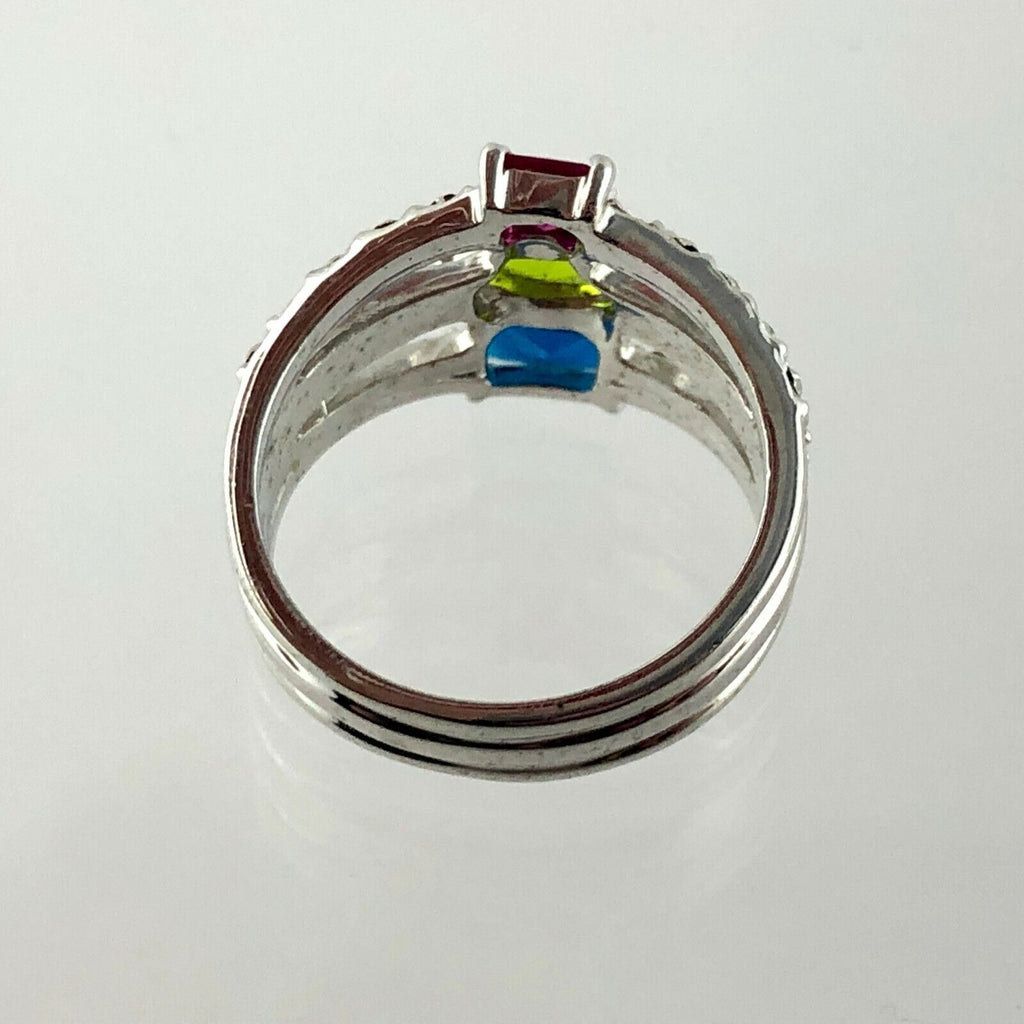 Silvertone Metal Three Rhinestone Ring Size 6.75 Pink Green Blue White Accents