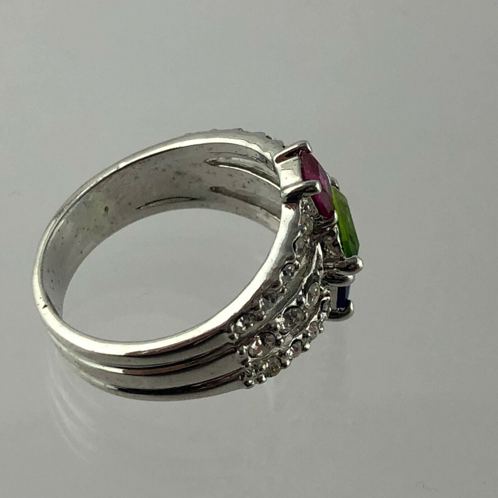 Silvertone Metal Three Rhinestone Ring Size 6.75 Pink Green Blue White Accents