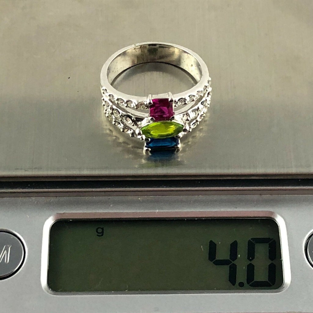 Silvertone Metal Three Rhinestone Ring Size 6.75 Pink Green Blue White Accents