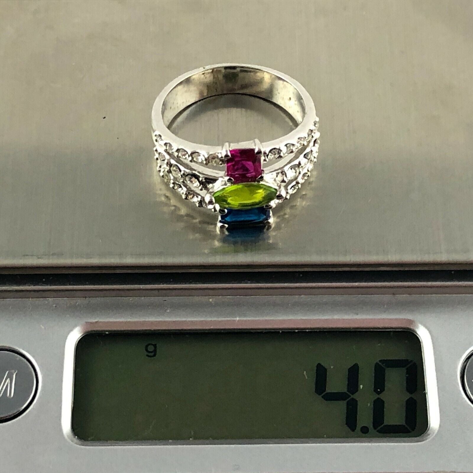 Silvertone Metal Three Rhinestone Ring Size 6.75 Pink Green Blue White Accents