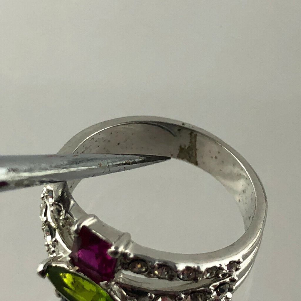Silvertone Metal Three Rhinestone Ring Size 6.75 Pink Green Blue White Accents
