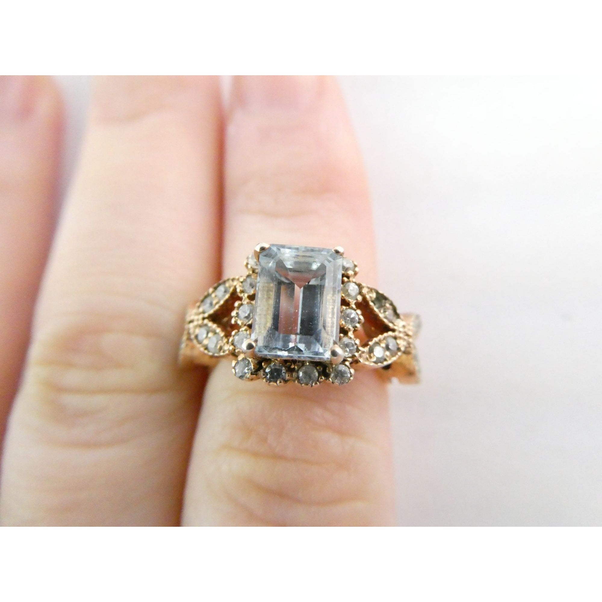 Rose Gold Gilt Sterling Silver Blue Topaz and White CZ Ring 925 Size 5.5 AS IS