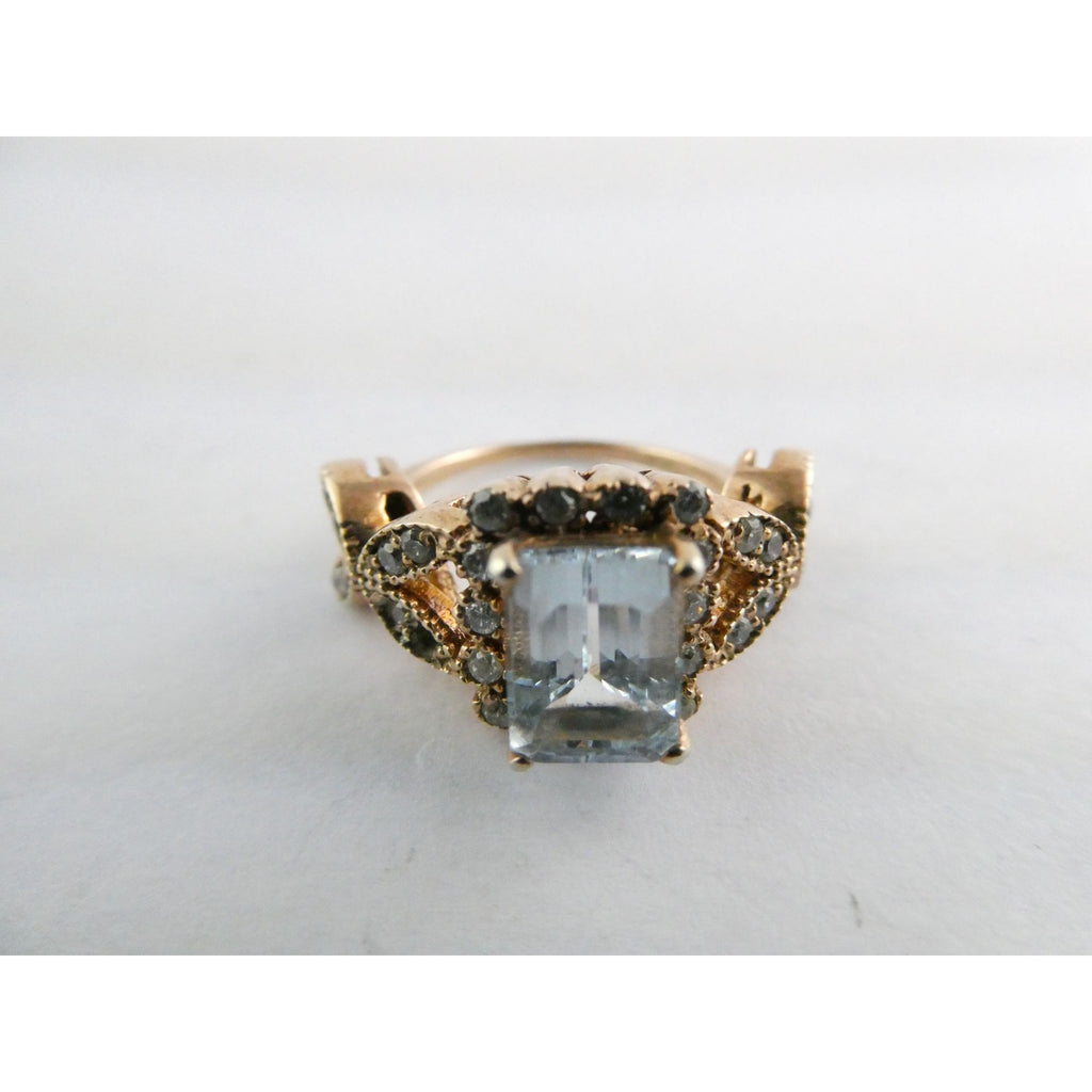 Rose Gold Gilt Sterling Silver Blue Topaz and White CZ Ring 925 Size 5.5 AS IS