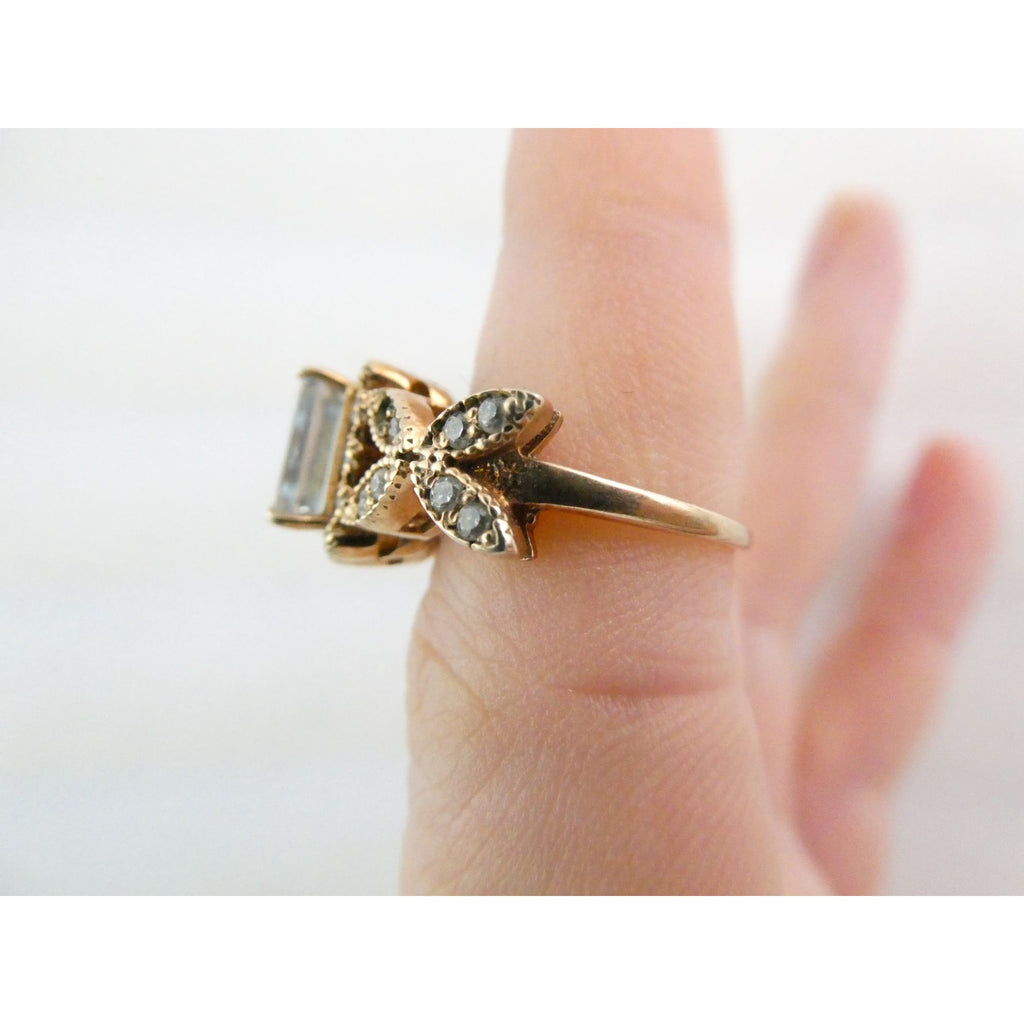 Rose Gold Gilt Sterling Silver Blue Topaz and White CZ Ring 925 Size 5.5 AS IS