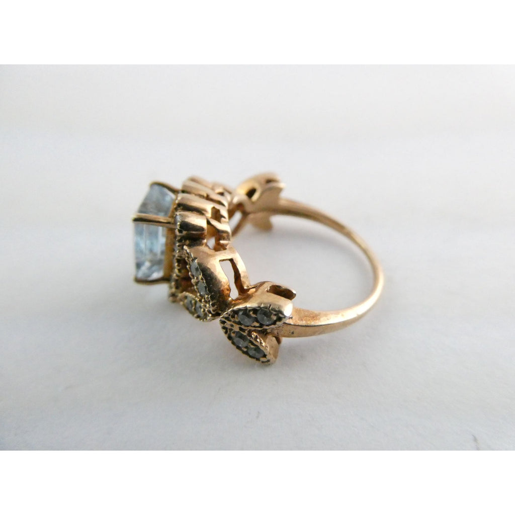 Rose Gold Gilt Sterling Silver Blue Topaz and White CZ Ring 925 Size 5.5 AS IS
