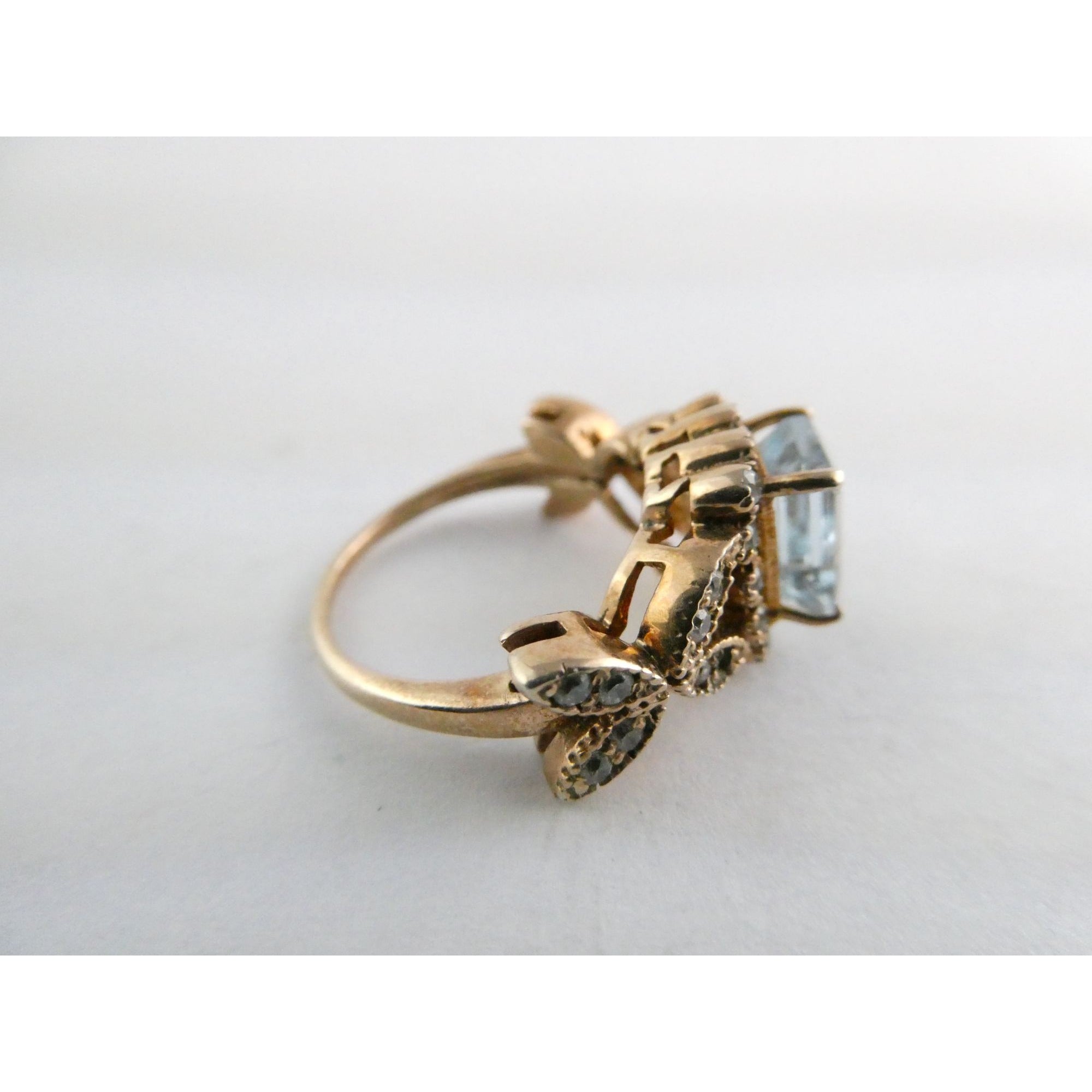 Rose Gold Gilt Sterling Silver Blue Topaz and White CZ Ring 925 Size 5.5 AS IS