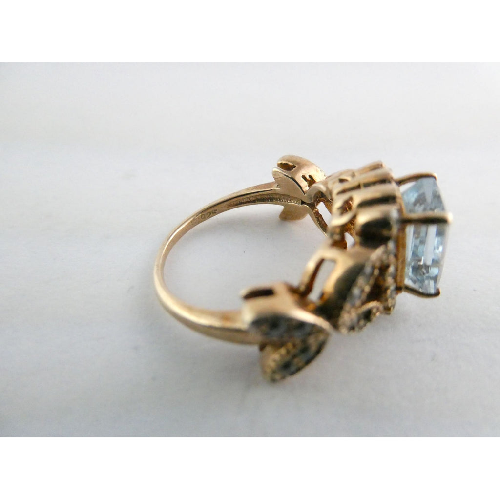 Rose Gold Gilt Sterling Silver Blue Topaz and White CZ Ring 925 Size 5.5 AS IS