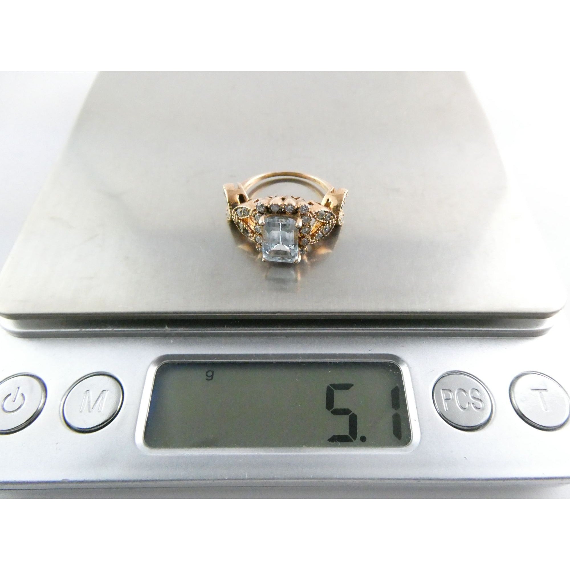 Rose Gold Gilt Sterling Silver Blue Topaz and White CZ Ring 925 Size 5.5 AS IS