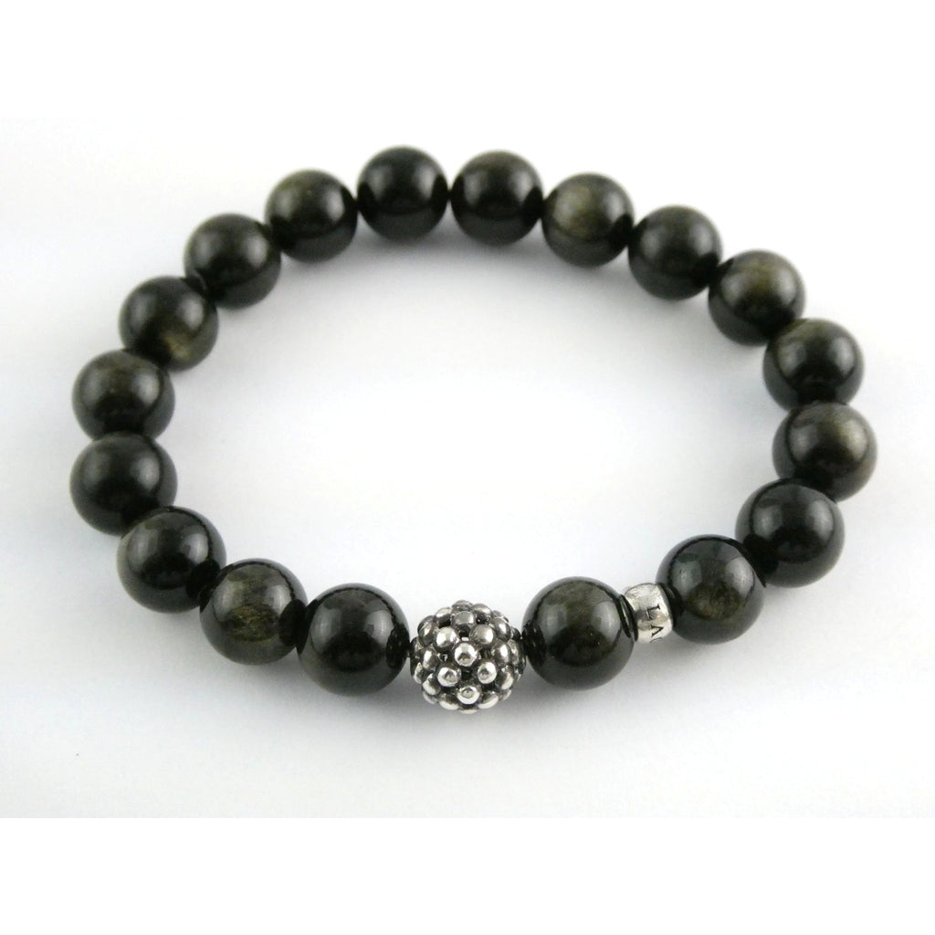 Lagos Golden Obsidian Sterling Silver Station Stretch Bead Bracelet 7 Inches 24g