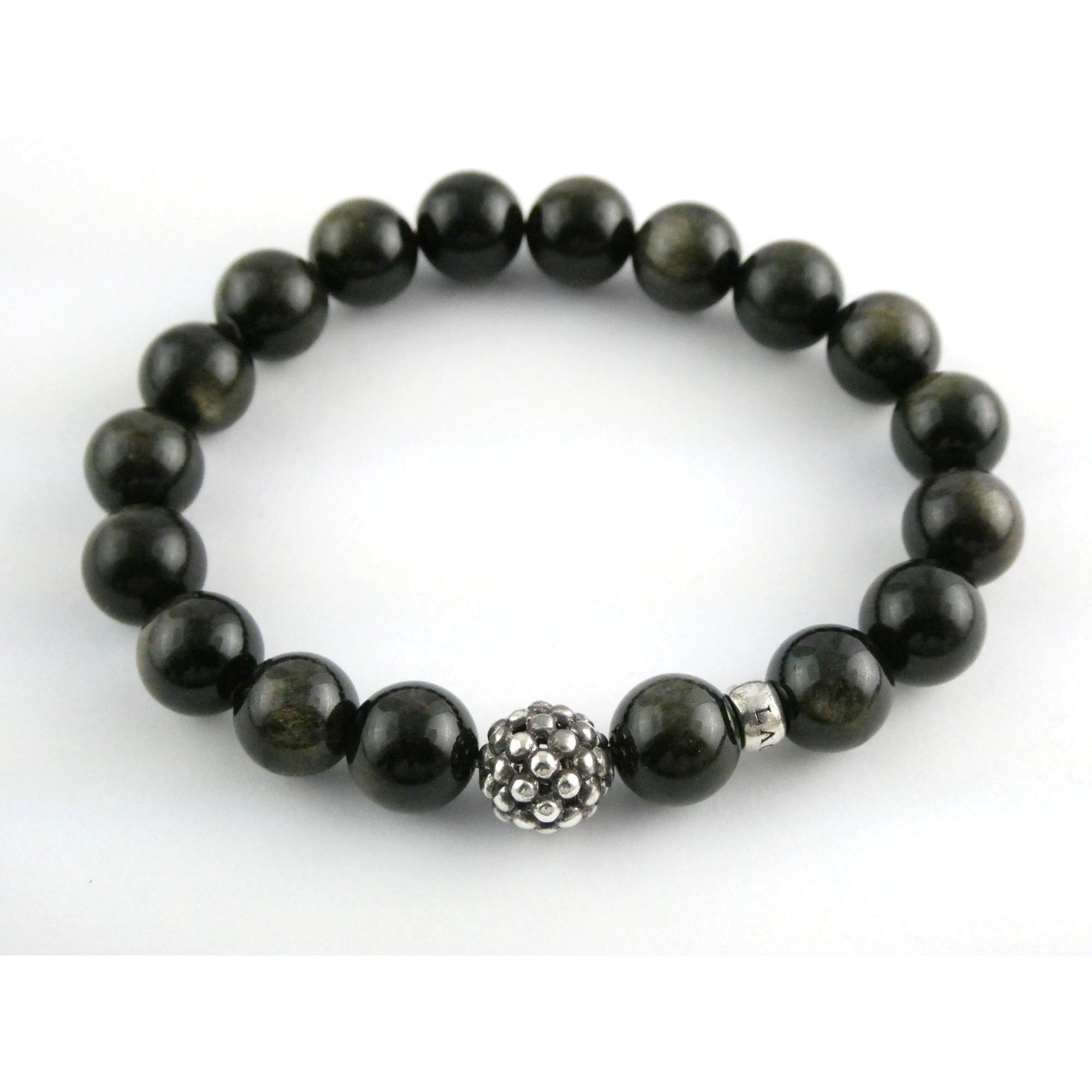 Lagos Golden Obsidian Sterling Silver Station Stretch Bead Bracelet 7 Inches 24g