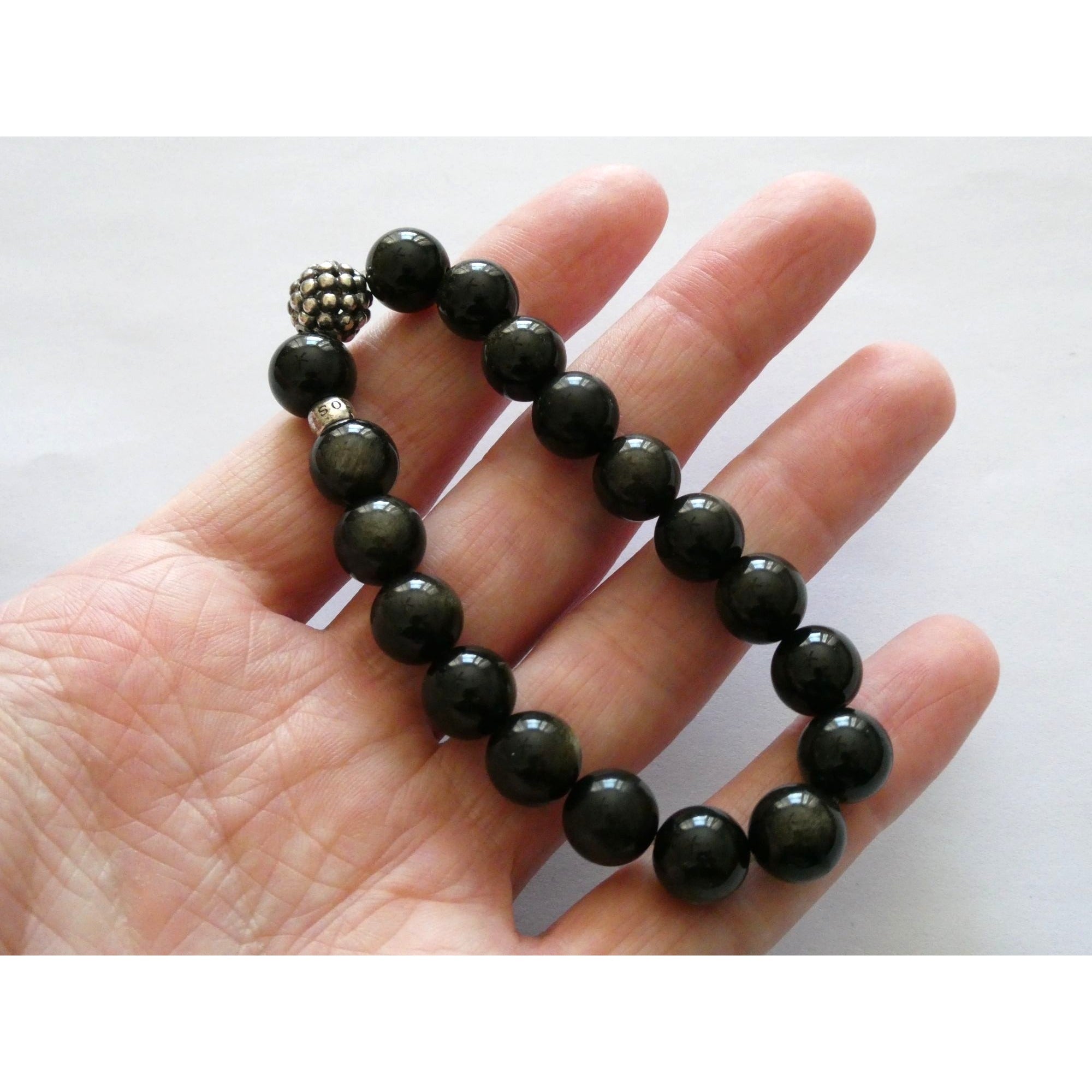 Lagos Golden Obsidian Sterling Silver Station Stretch Bead Bracelet 7 Inches 24g