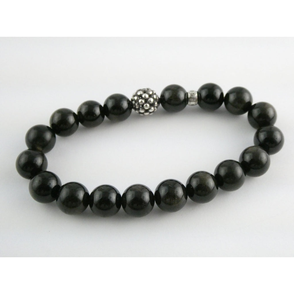 Lagos Golden Obsidian Sterling Silver Station Stretch Bead Bracelet 7 Inches 24g