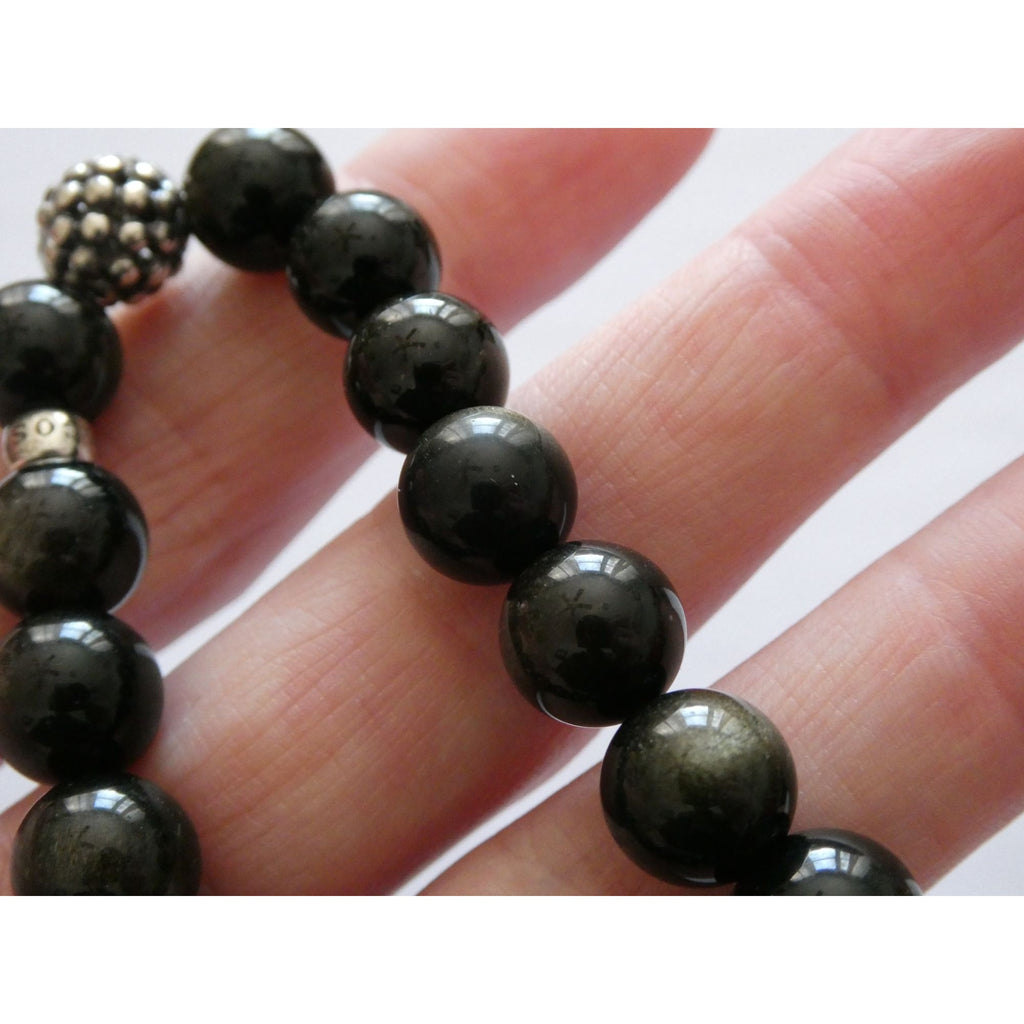 Lagos Golden Obsidian Sterling Silver Station Stretch Bead Bracelet 7 Inches 24g