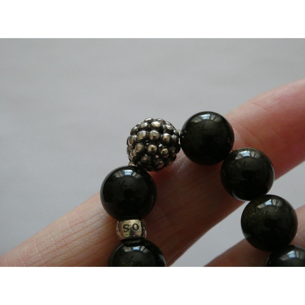 Lagos Golden Obsidian Sterling Silver Station Stretch Bead Bracelet 7 Inches 24g