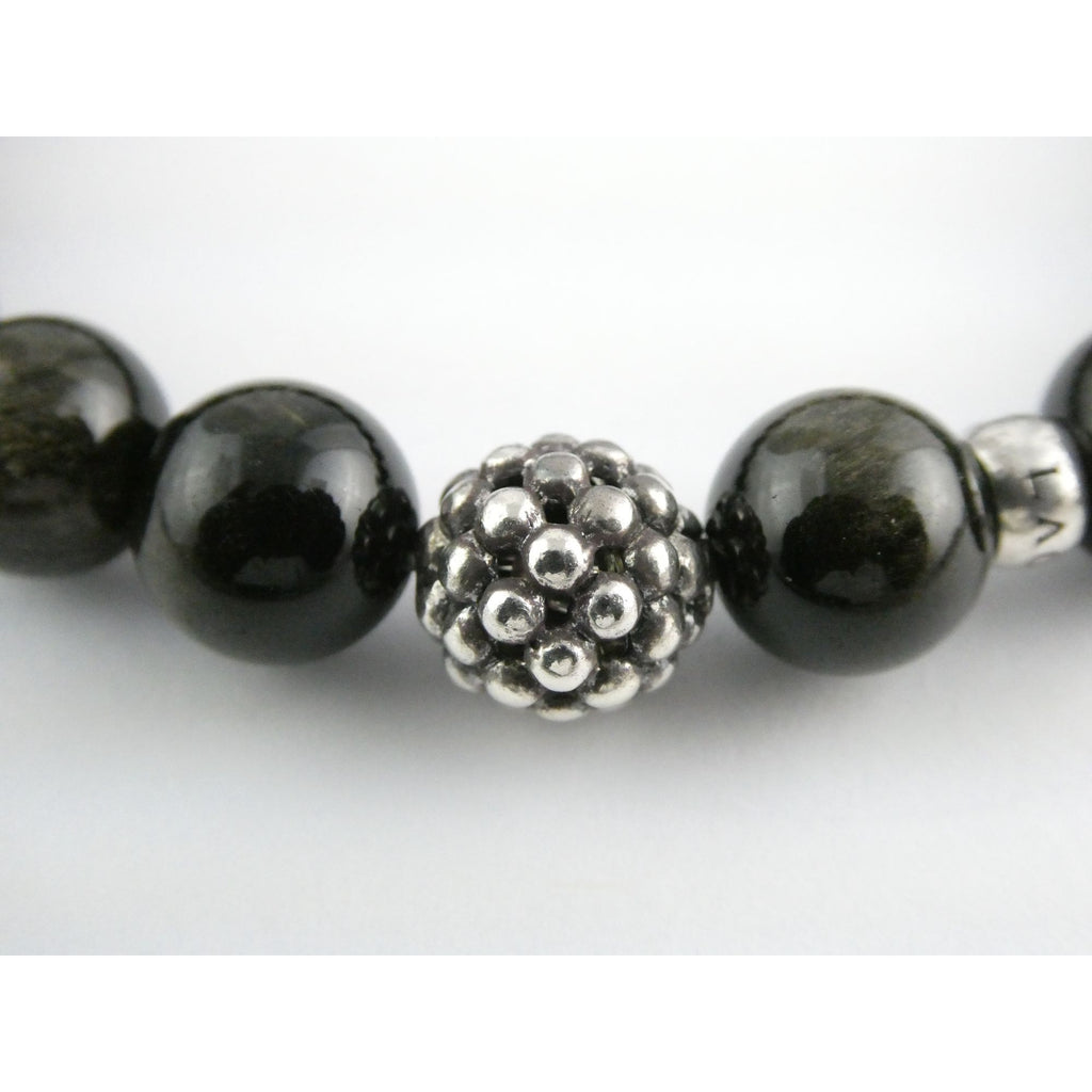 Lagos Golden Obsidian Sterling Silver Station Stretch Bead Bracelet 7 Inches 24g