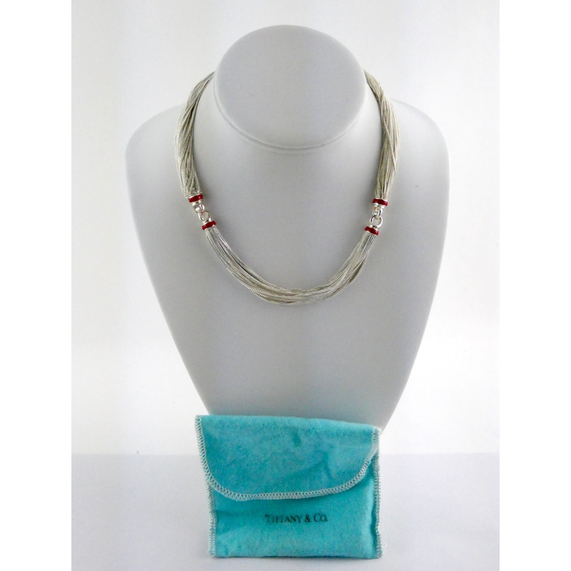 Tiffany & Co Sterling Silver Red Enamel Multi Strand Chain Necklace 17 Inch 925