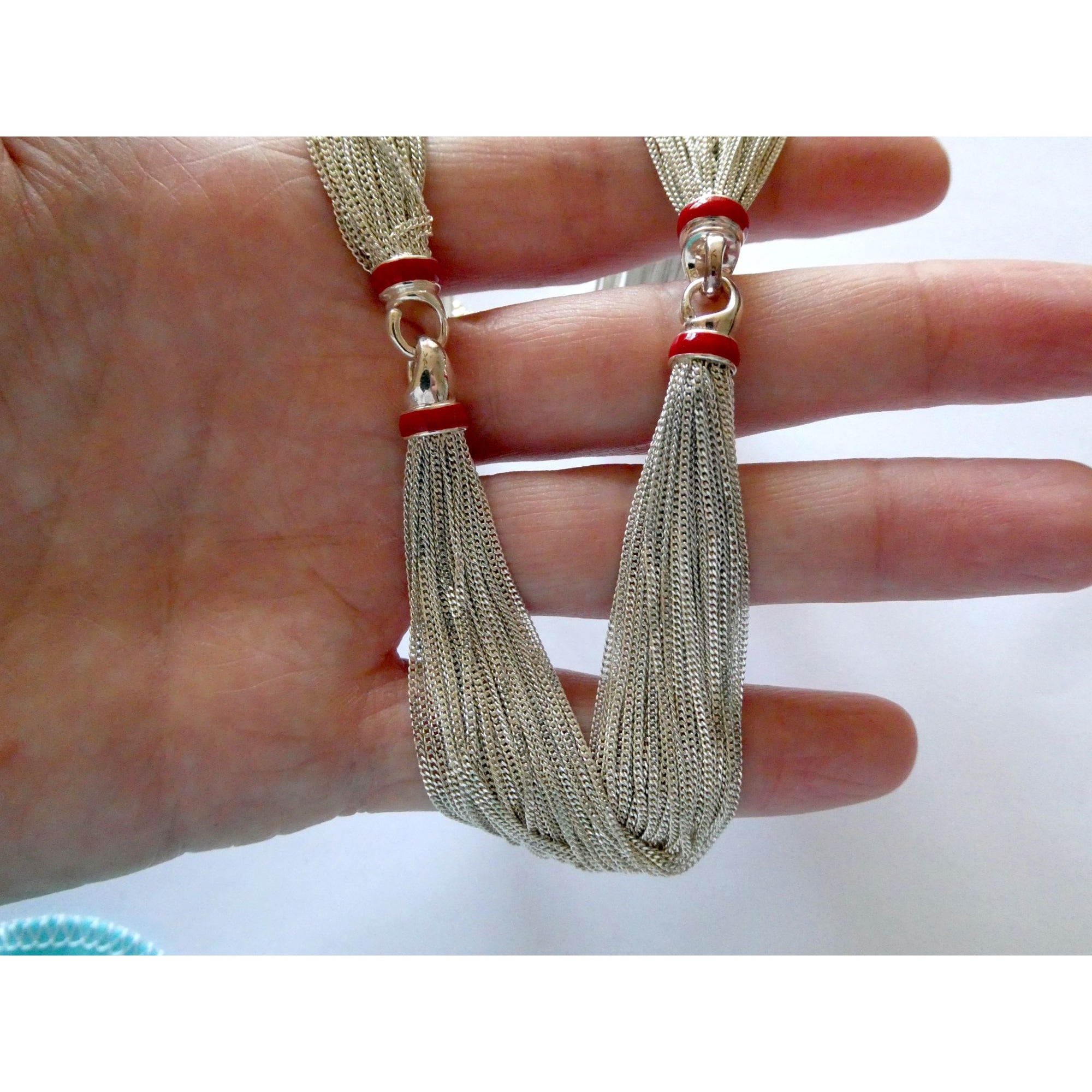 Tiffany & Co Sterling Silver Red Enamel Multi Strand Chain Necklace 17 Inch 925