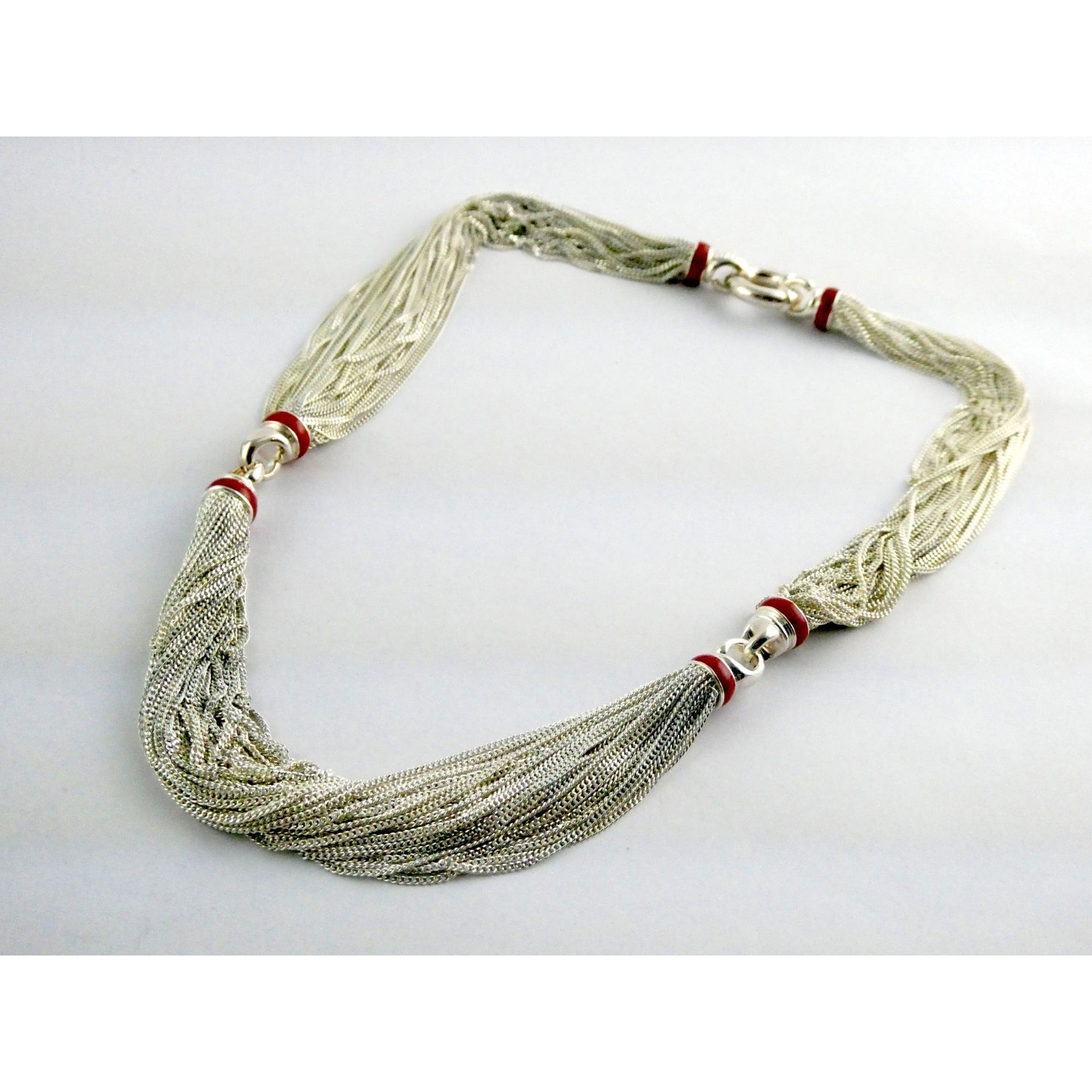 Tiffany & Co Sterling Silver Red Enamel Multi Strand Chain Necklace 17 Inch 925