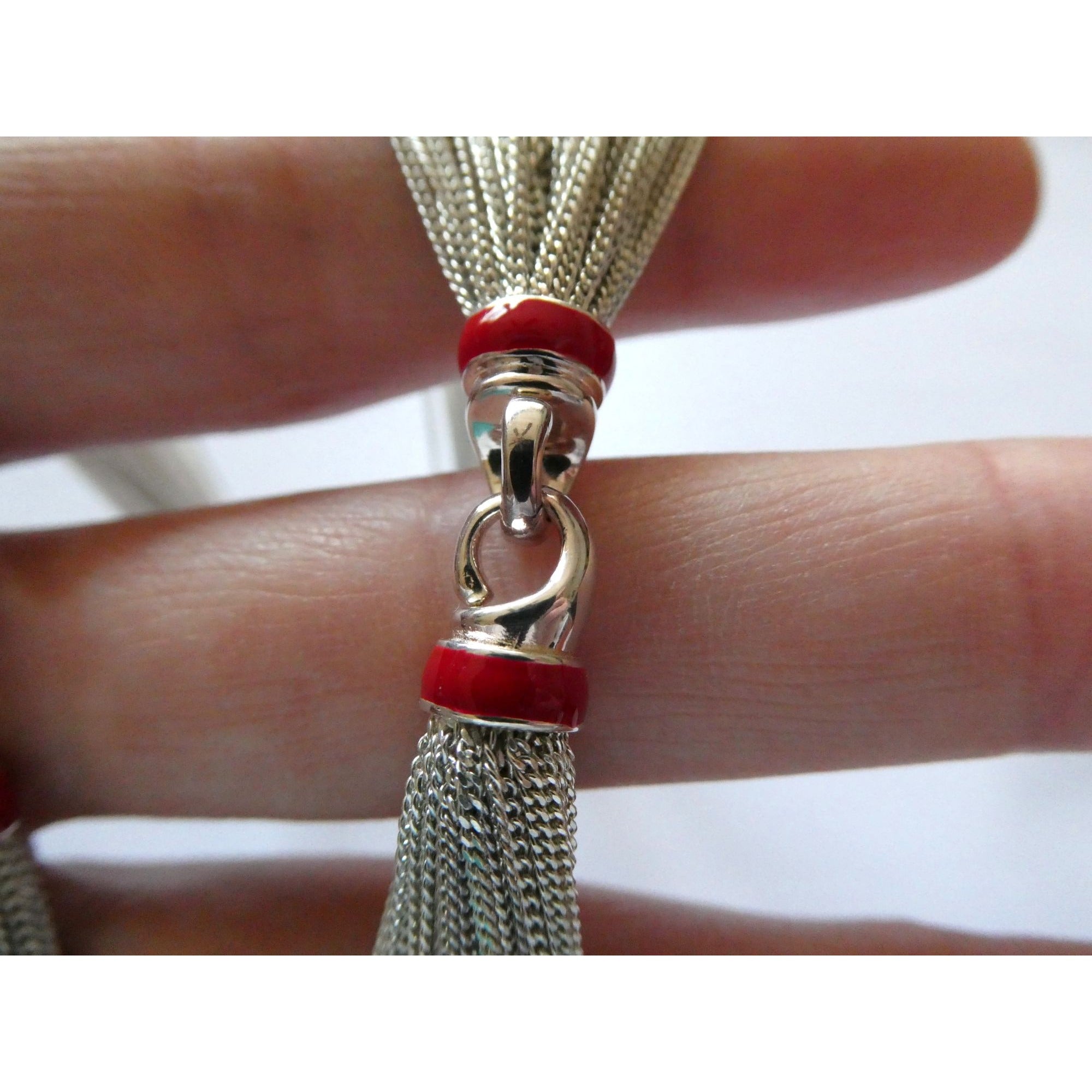 Tiffany & Co Sterling Silver Red Enamel Multi Strand Chain Necklace 17 Inch 925