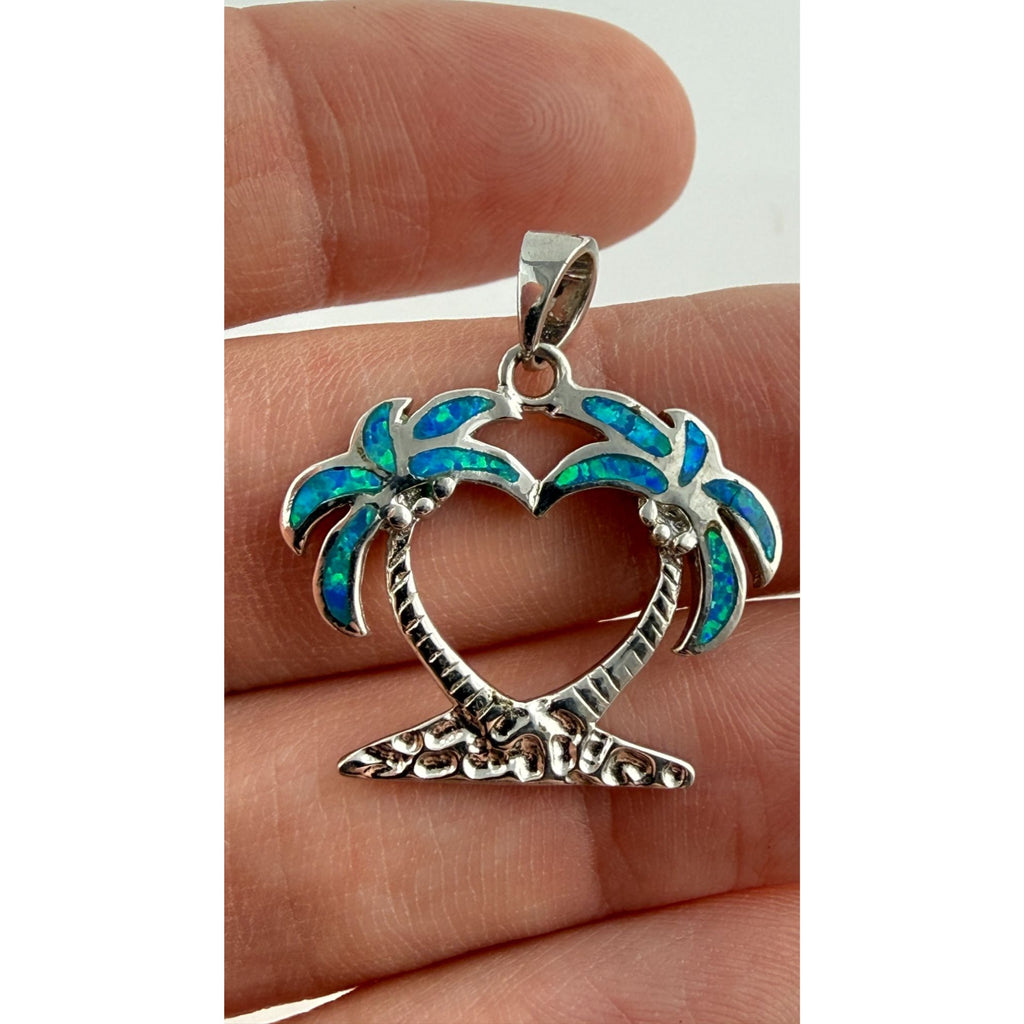 Sterling Silver Lab Created Blue Opal Inlay Double Palm Tree Heart Pendant 3.1g