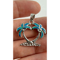 Sterling Silver Lab Created Blue Opal Inlay Double Palm Tree Heart Pendant 3.1g