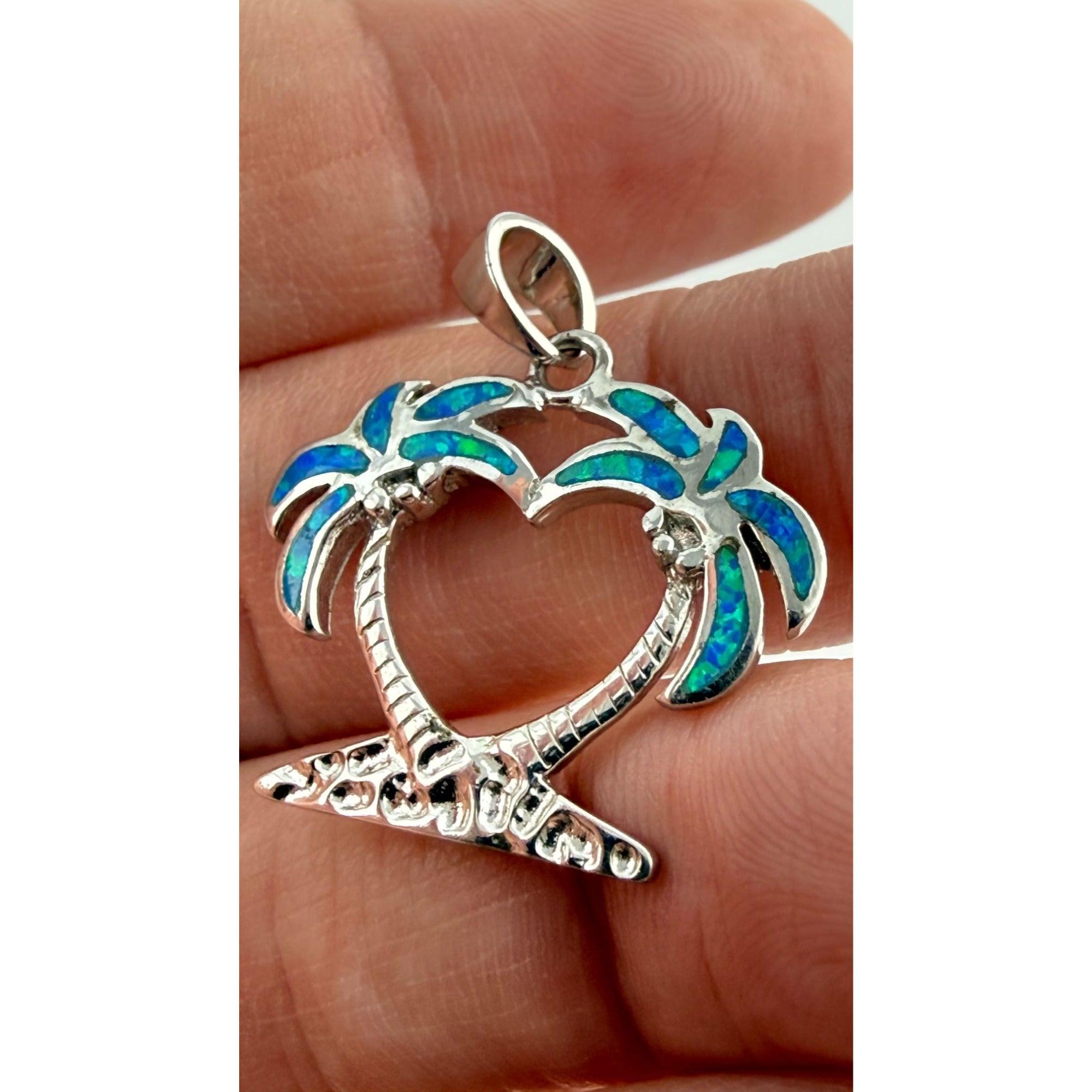 Sterling Silver Lab Created Blue Opal Inlay Double Palm Tree Heart Pendant 3.1g