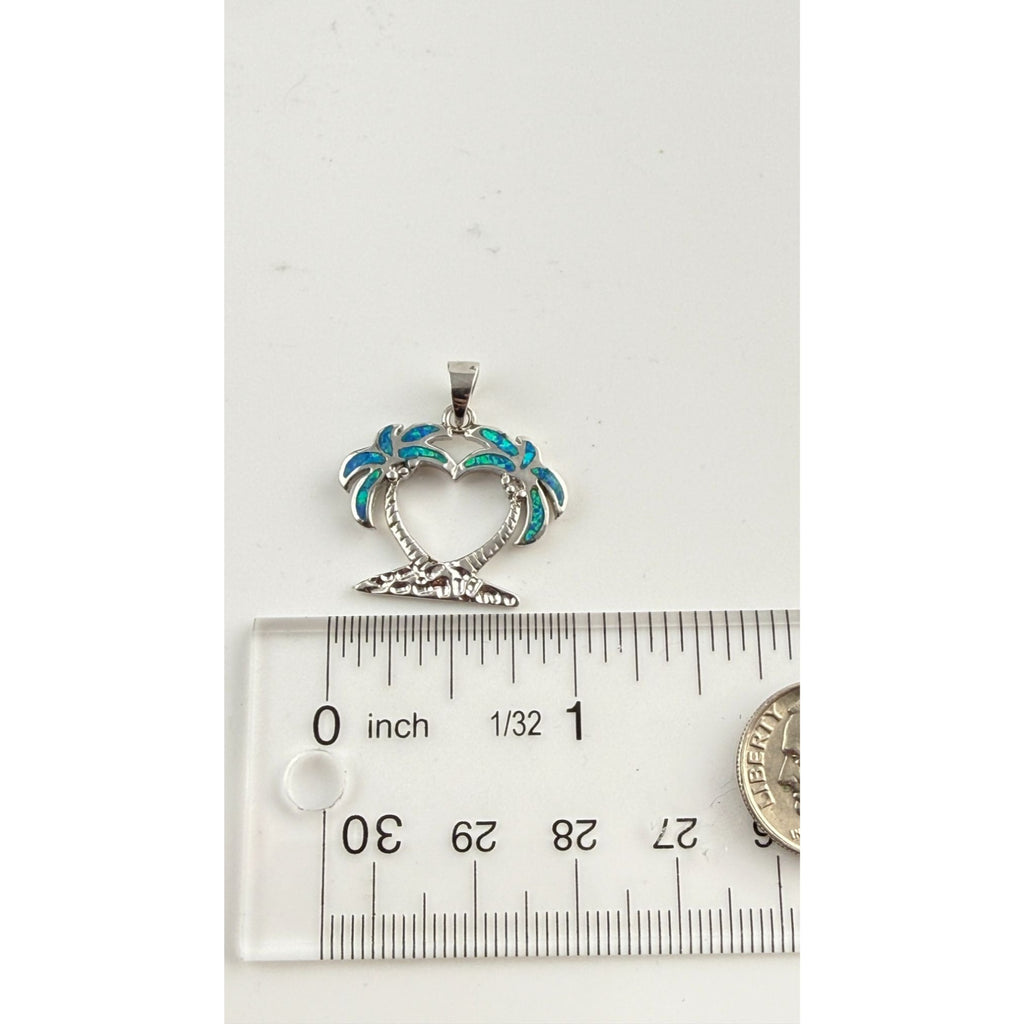 Sterling Silver Lab Created Blue Opal Inlay Double Palm Tree Heart Pendant 3.1g