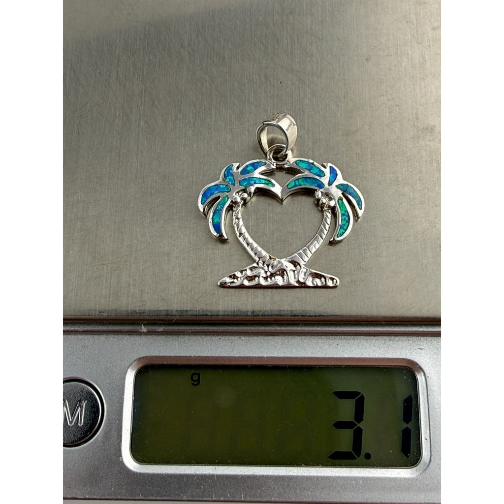 Sterling Silver Lab Created Blue Opal Inlay Double Palm Tree Heart Pendant 3.1g