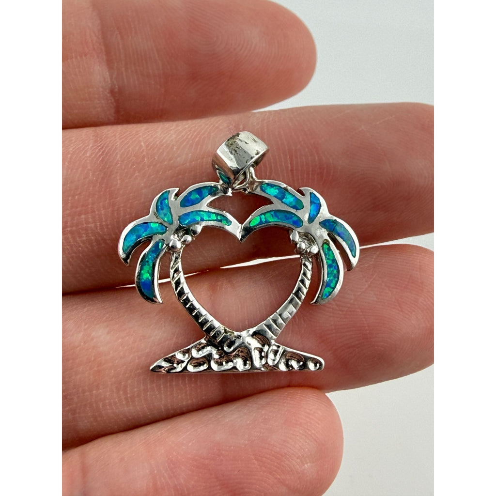 Sterling Silver Lab Created Blue Opal Inlay Double Palm Tree Heart Pendant 3.1g