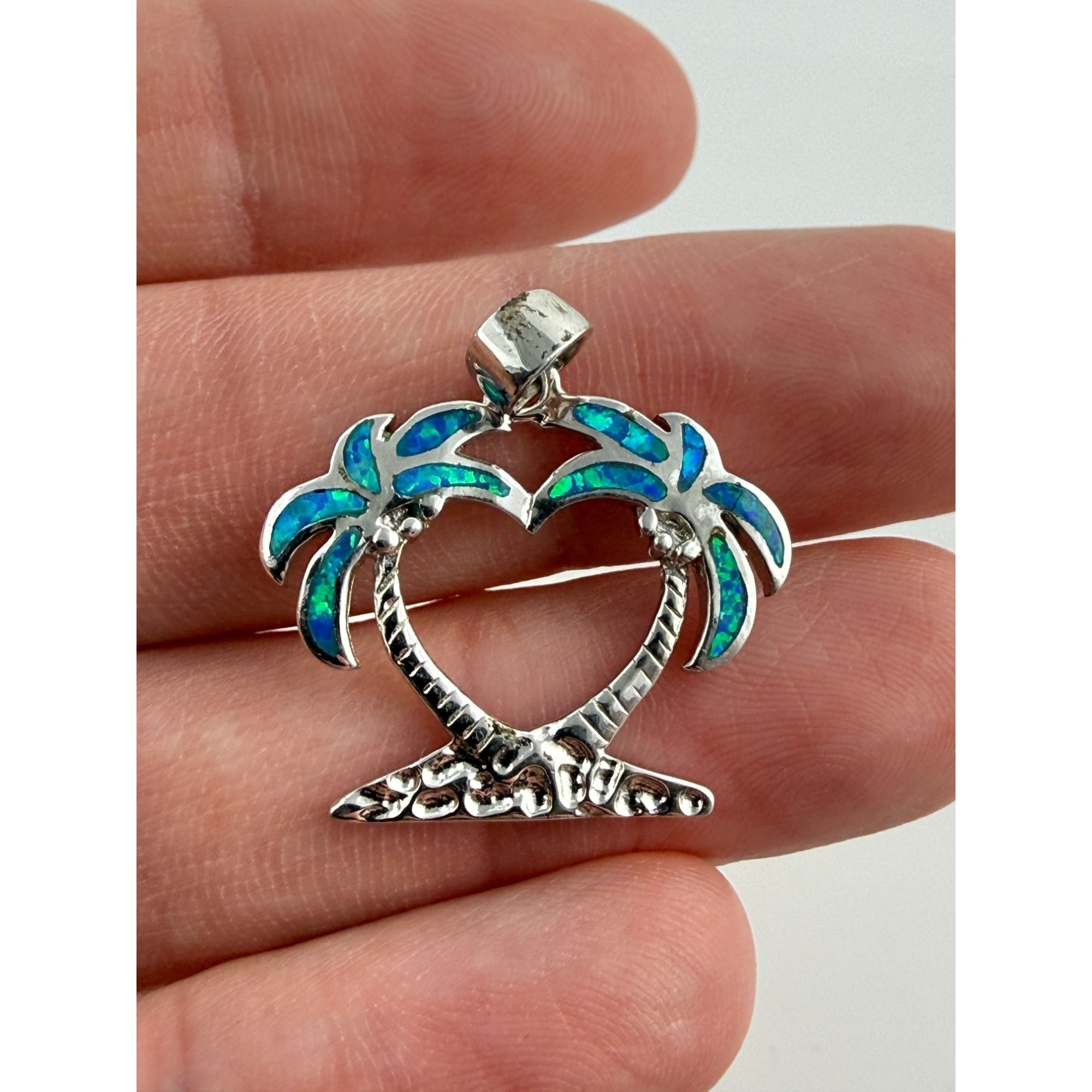 Sterling Silver Lab Created Blue Opal Inlay Double Palm Tree Heart Pendant 3.1g