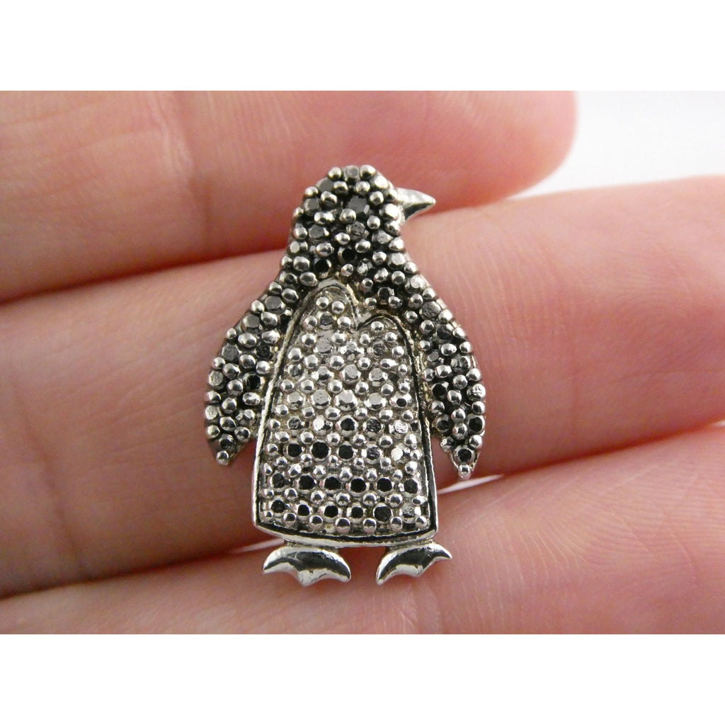FAS Sterling Silver Lab Created Black Diamond Eye Penguin Pendant 3.2g 22mm