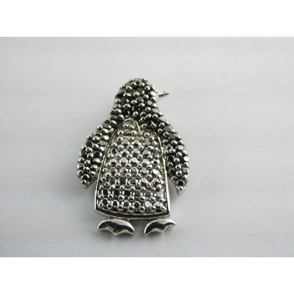 FAS Sterling Silver Lab Created Black Diamond Eye Penguin Pendant 3.2g 22mm