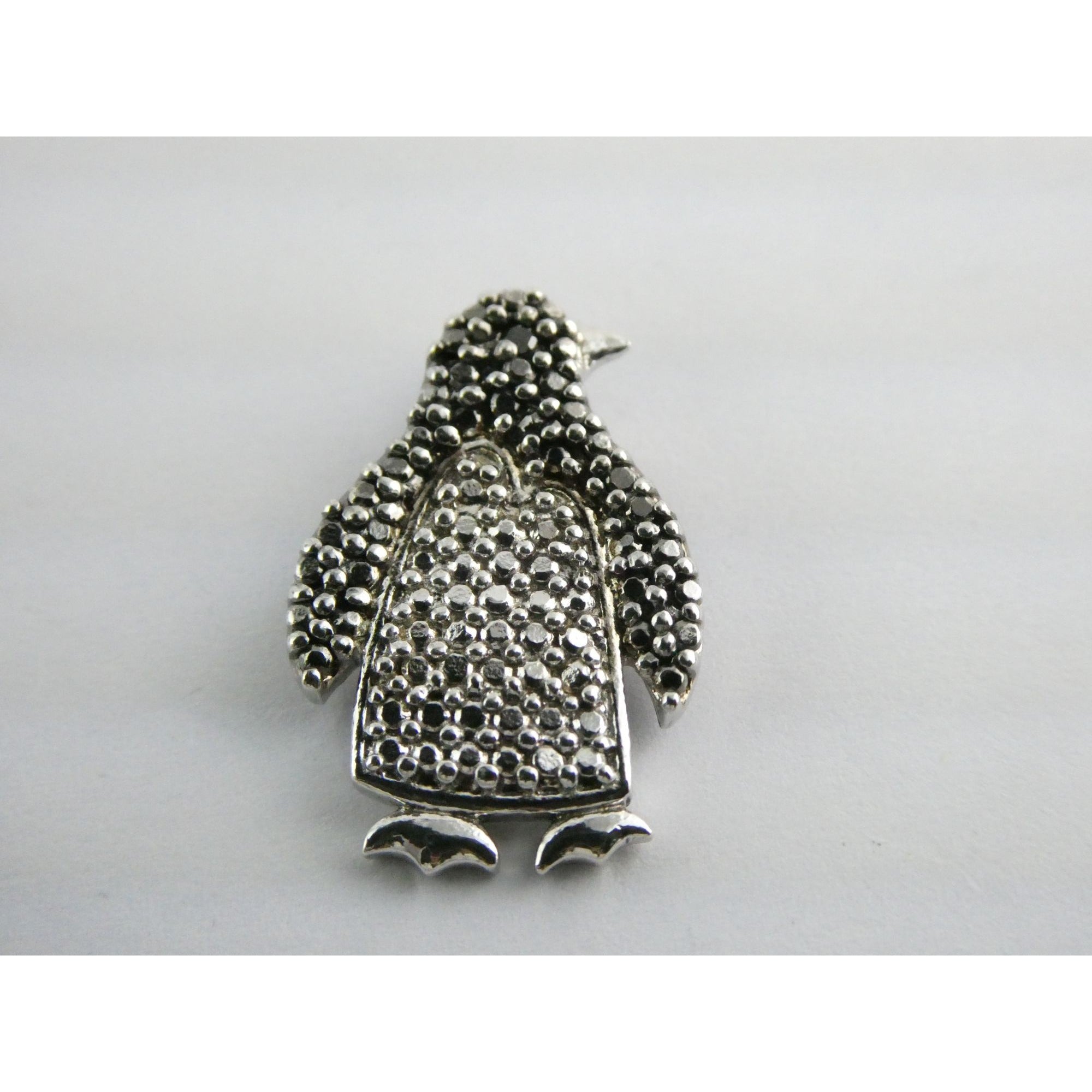 FAS Sterling Silver Lab Created Black Diamond Eye Penguin Pendant 3.2g 22mm