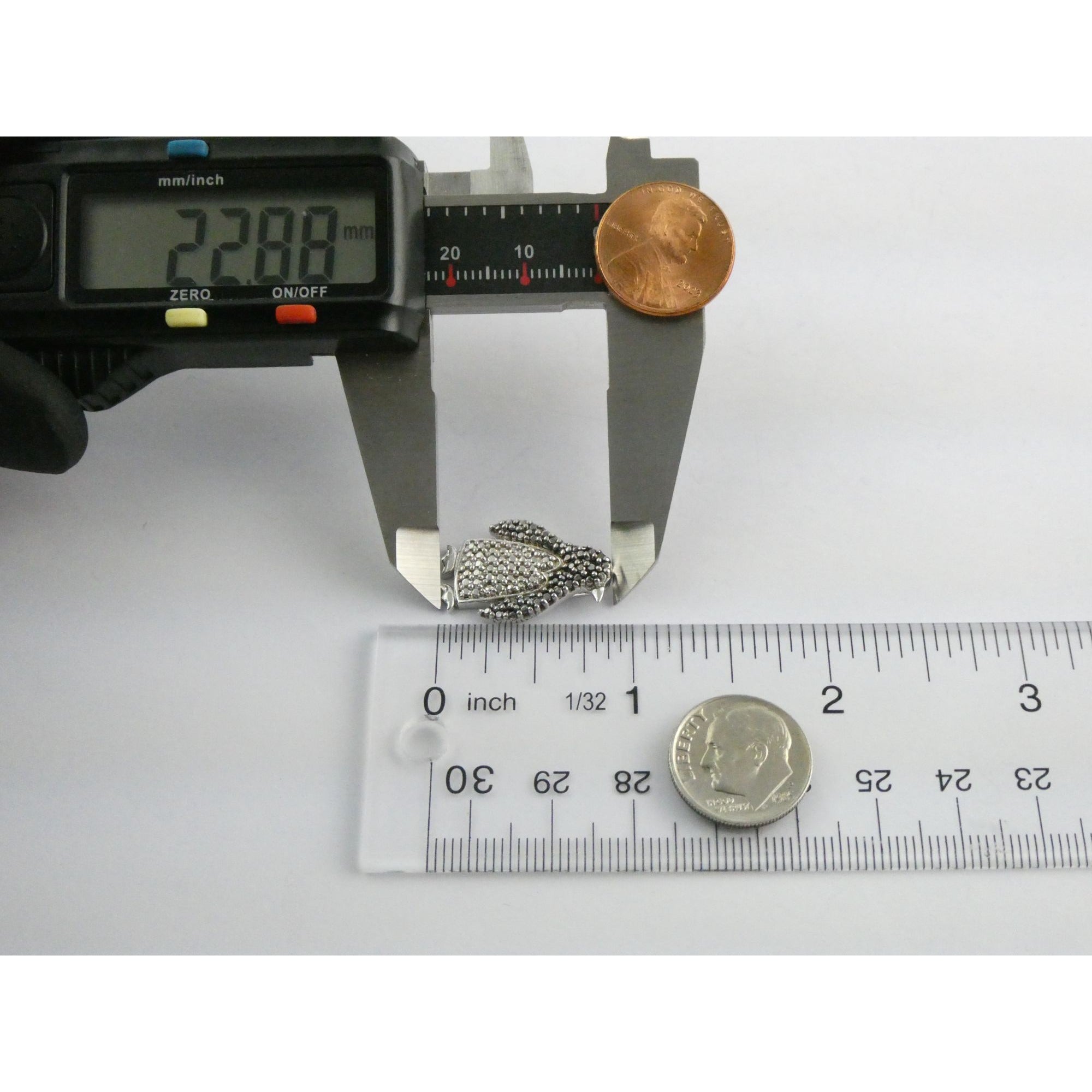 FAS Sterling Silver Lab Created Black Diamond Eye Penguin Pendant 3.2g 22mm