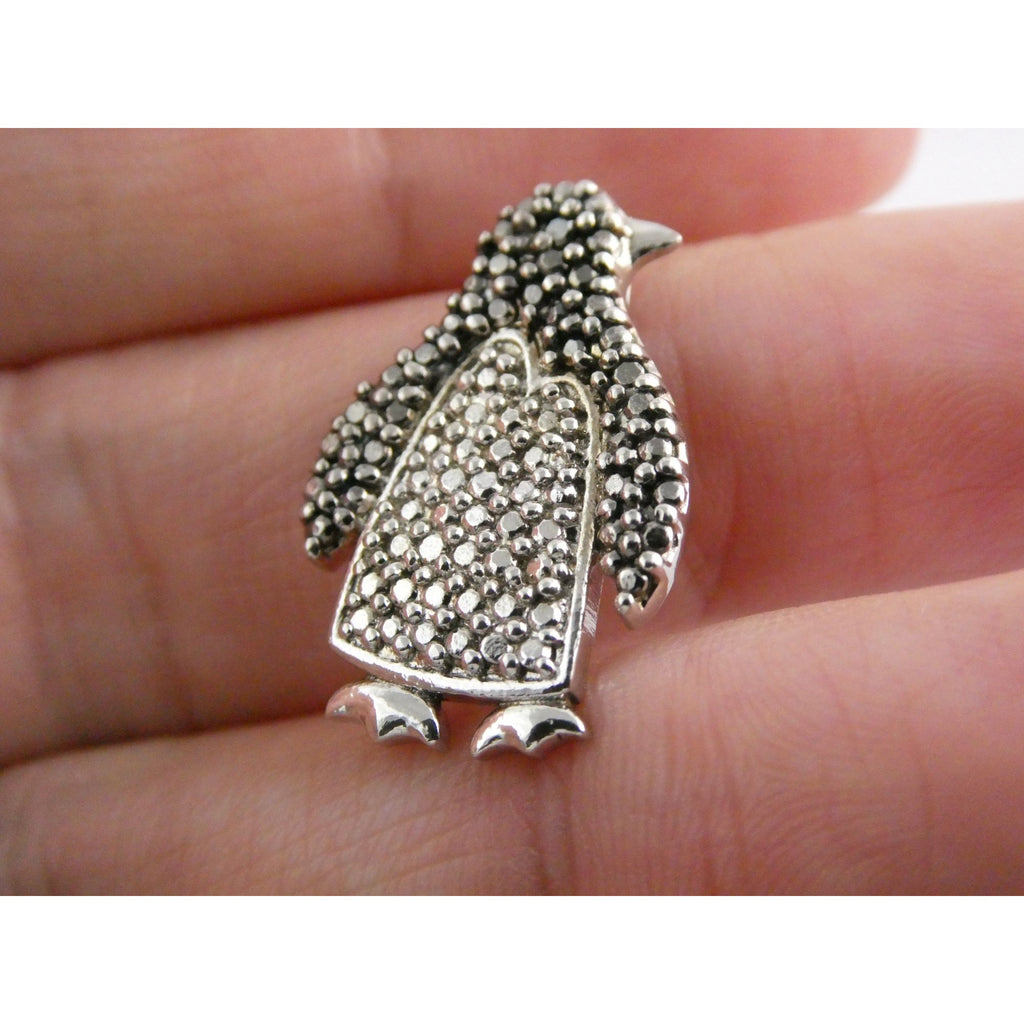 FAS Sterling Silver Lab Created Black Diamond Eye Penguin Pendant 3.2g 22mm