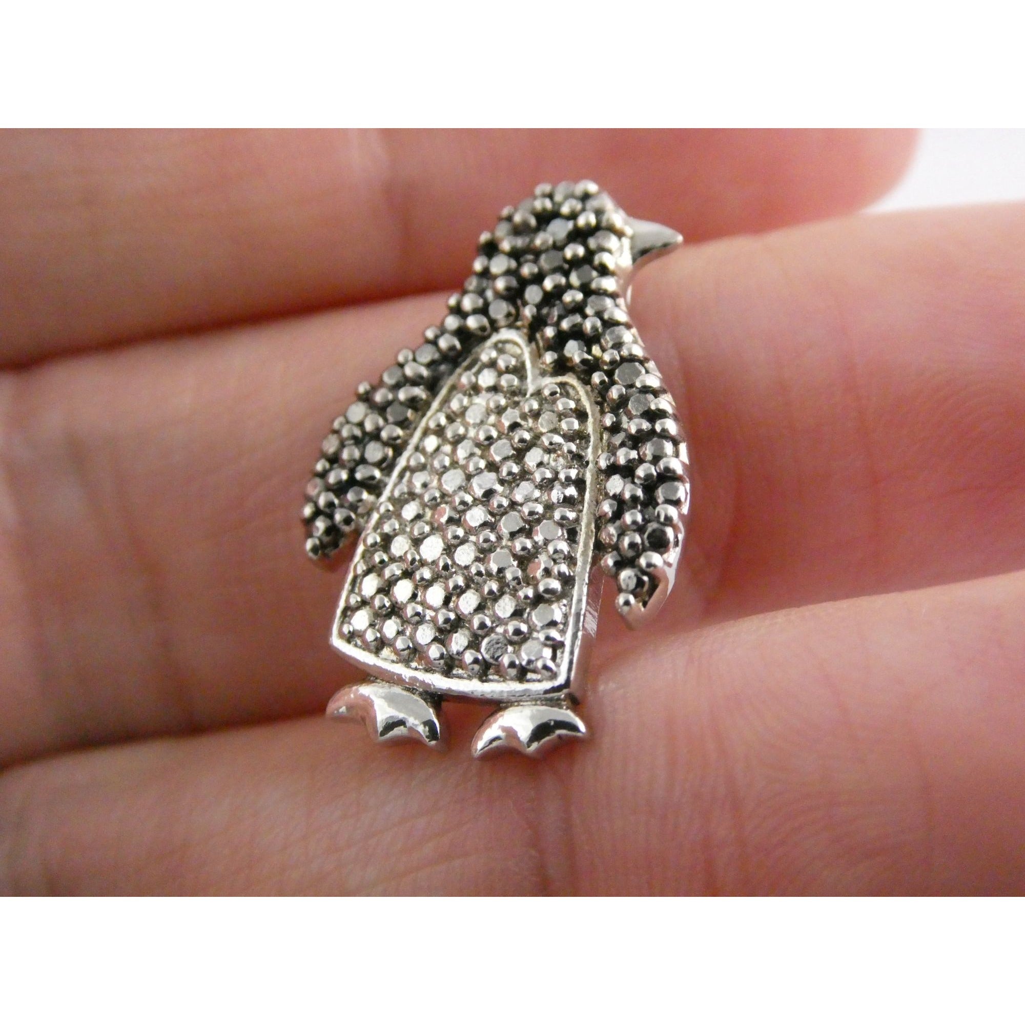 FAS Sterling Silver Lab Created Black Diamond Eye Penguin Pendant 3.2g 22mm