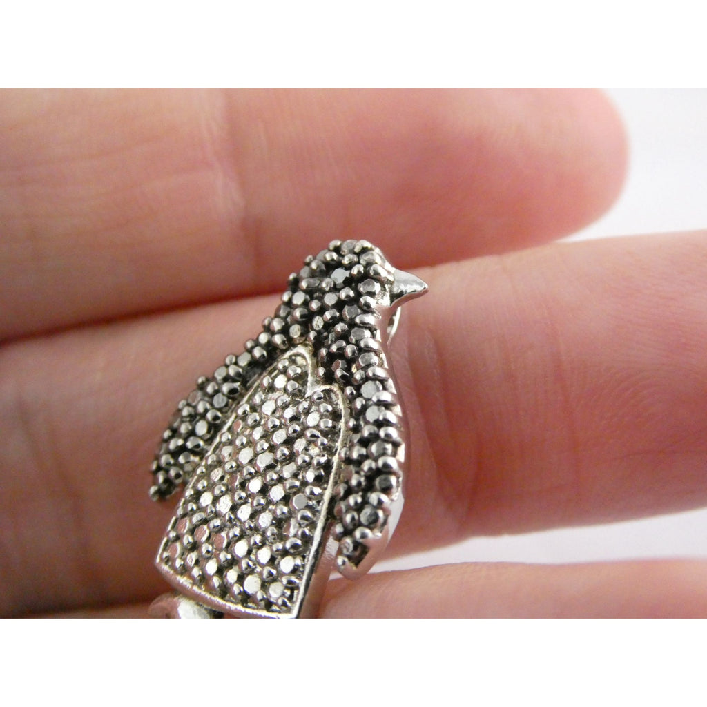 FAS Sterling Silver Lab Created Black Diamond Eye Penguin Pendant 3.2g 22mm