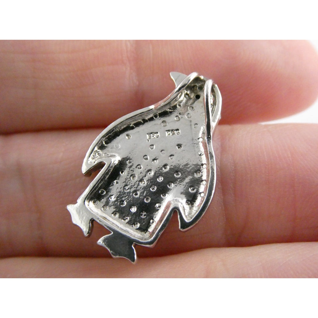 FAS Sterling Silver Lab Created Black Diamond Eye Penguin Pendant 3.2g 22mm