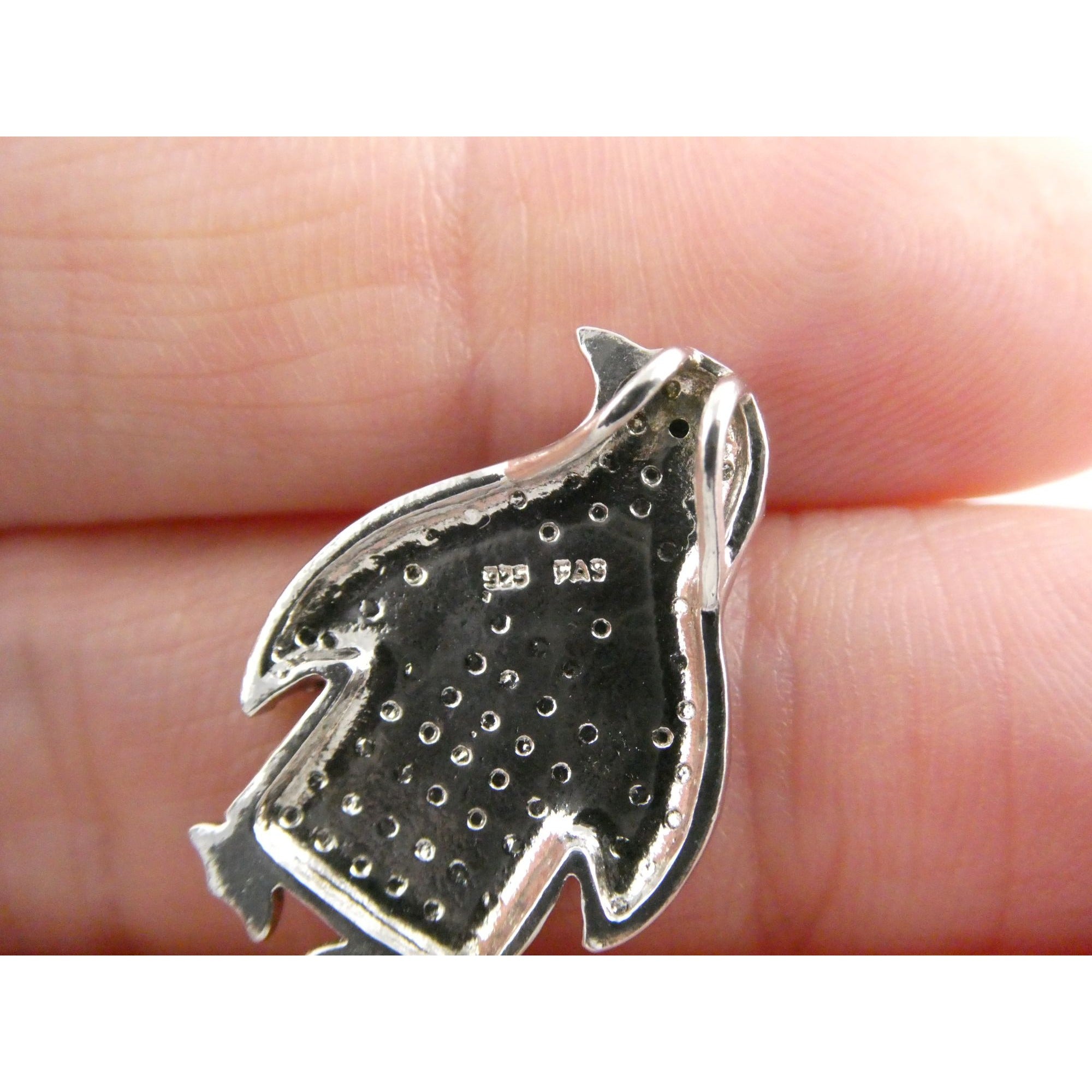 FAS Sterling Silver Lab Created Black Diamond Eye Penguin Pendant 3.2g 22mm