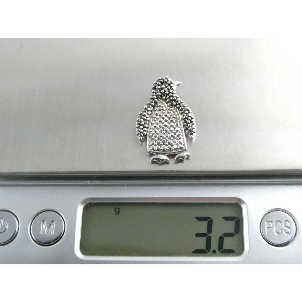 FAS Sterling Silver Lab Created Black Diamond Eye Penguin Pendant 3.2g 22mm