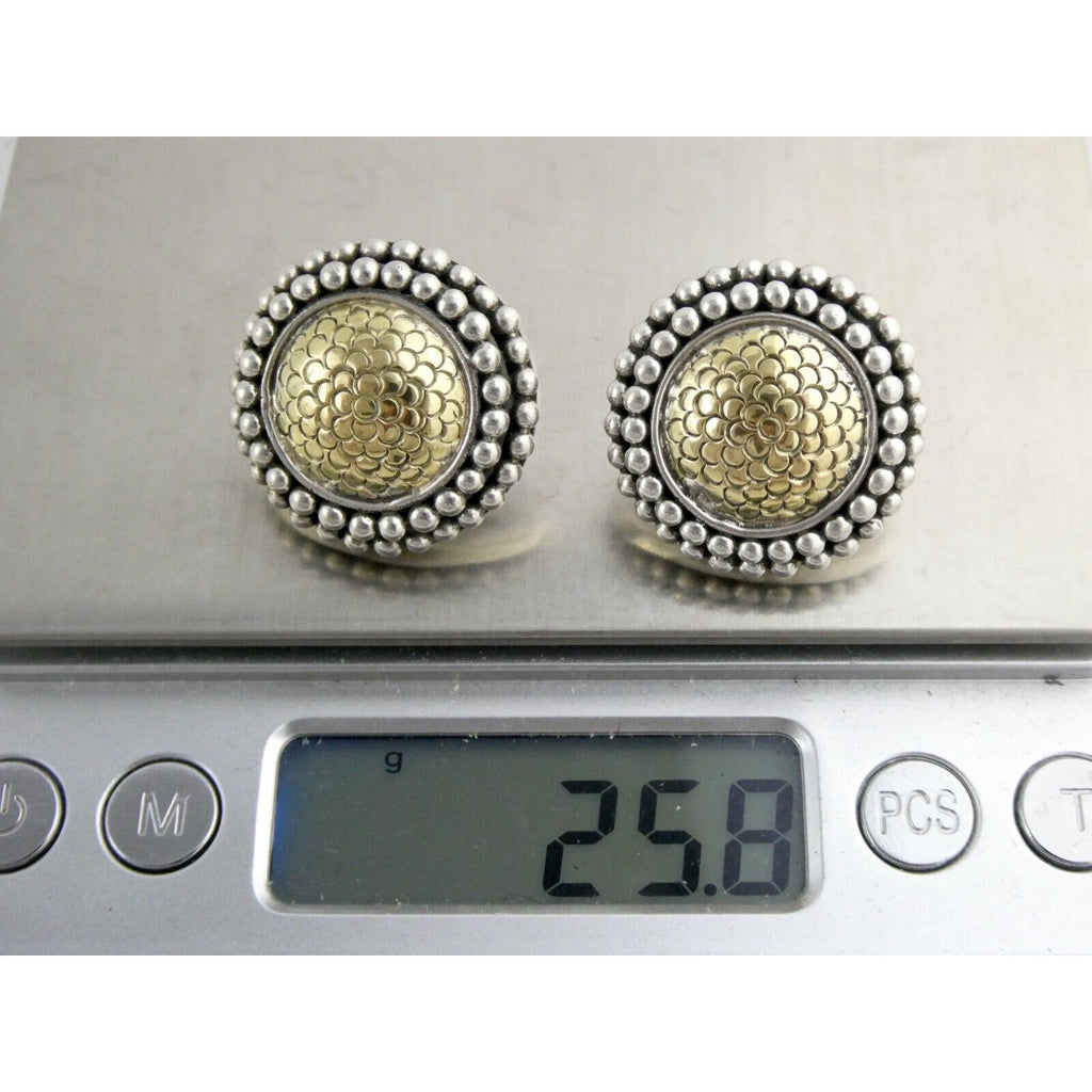 John Hardy Sterling Silver 18k Yellow Gold Circle Floral Stud Earrings 925 25.8g