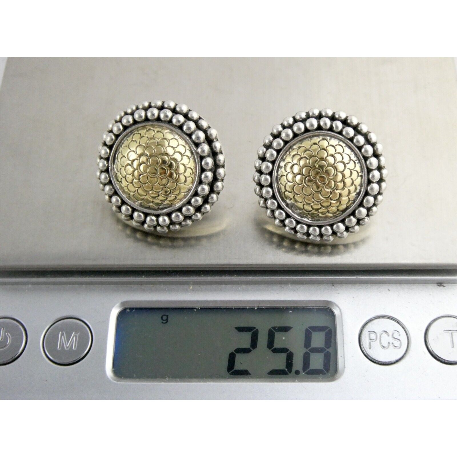 John Hardy Sterling Silver 18k Yellow Gold Circle Floral Stud Earrings 925 25.8g