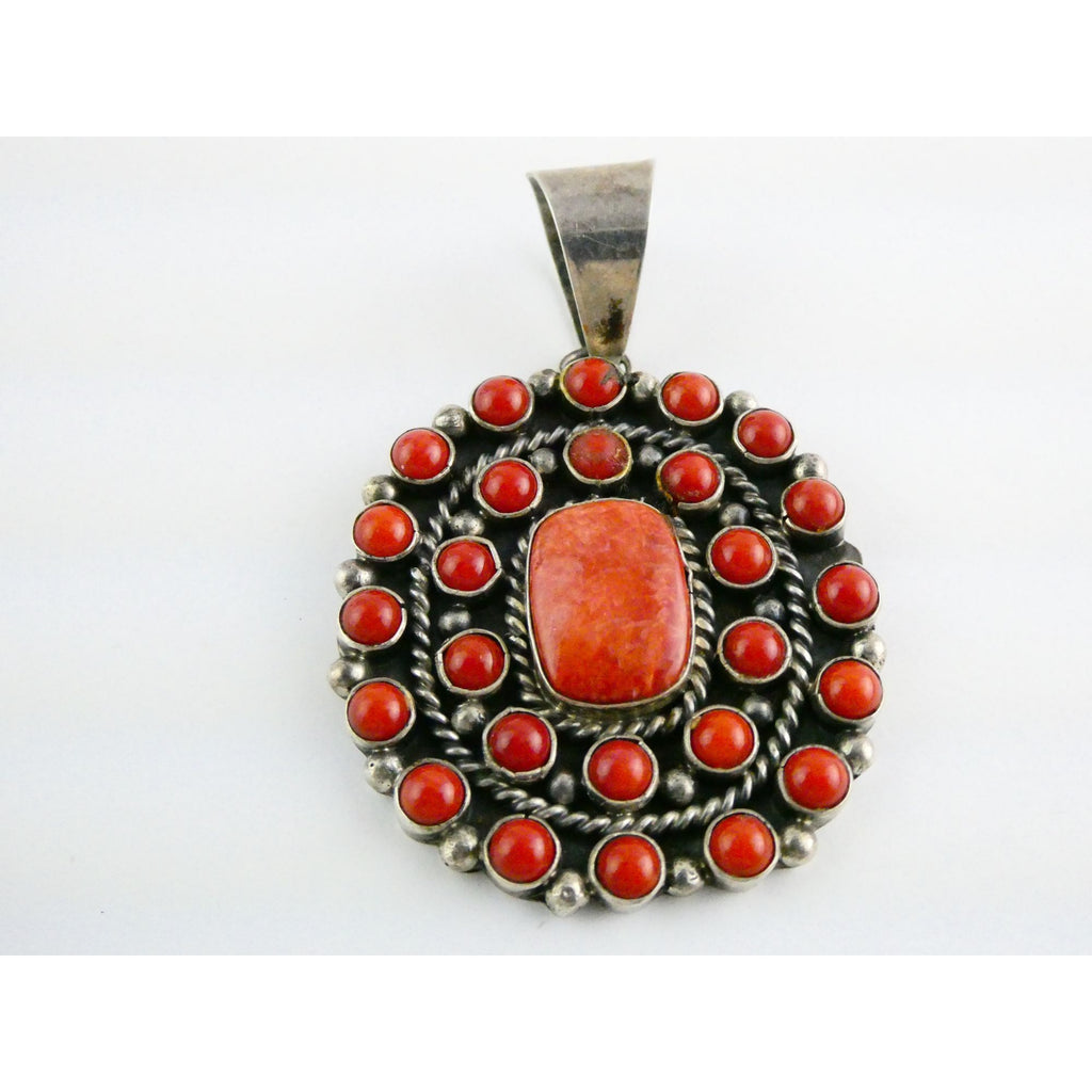 NA Navajo L Etsitty Sterling Silver Red Coral Studded Pendant 29.5g 2.5 Inches