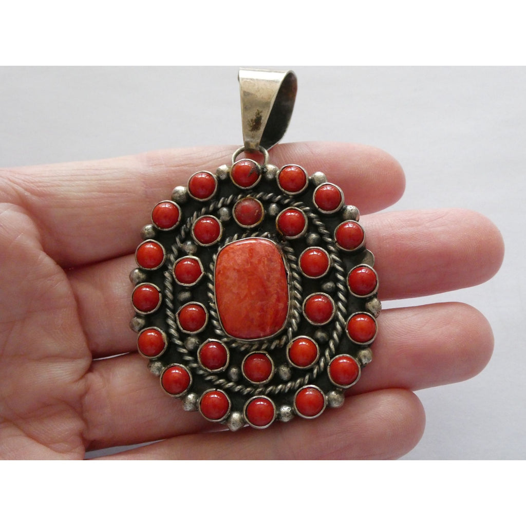 NA Navajo L Etsitty Sterling Silver Red Coral Studded Pendant 29.5g 2.5 Inches