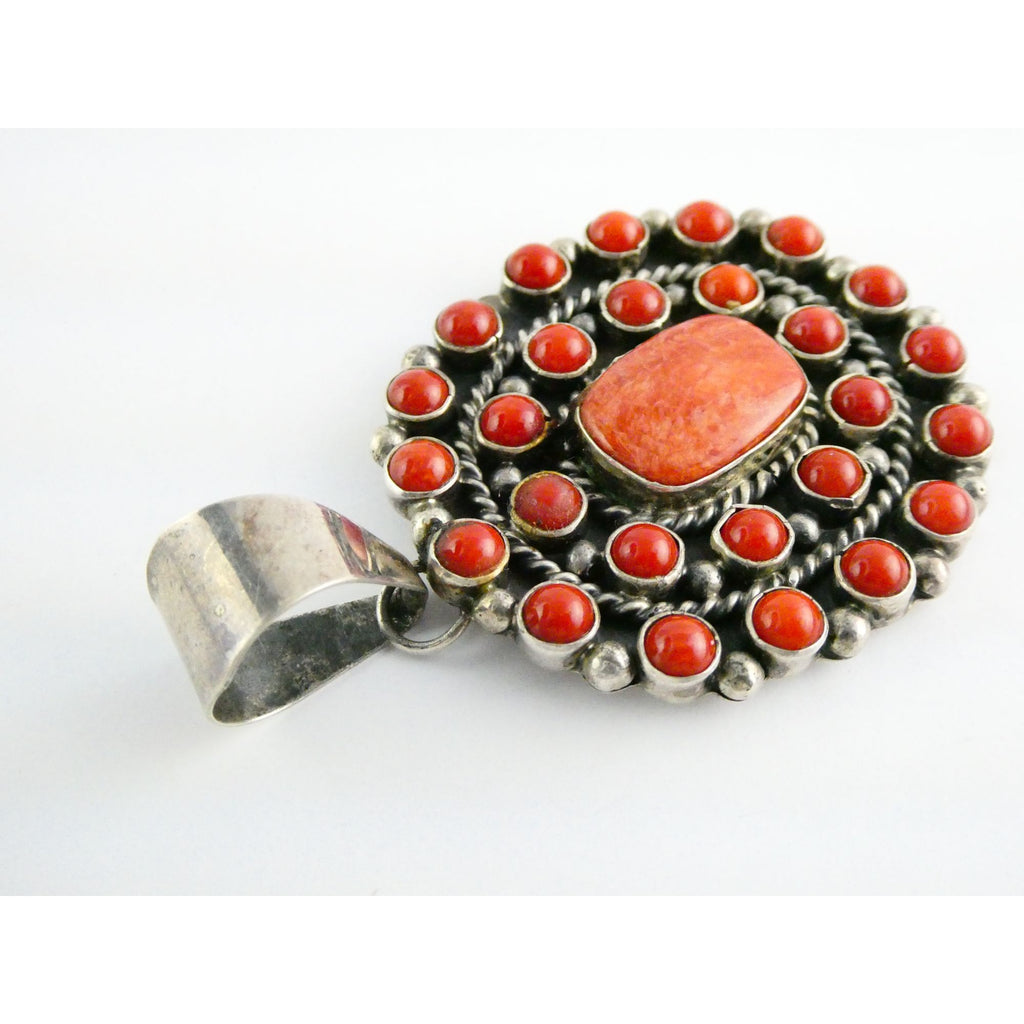 NA Navajo L Etsitty Sterling Silver Red Coral Studded Pendant 29.5g 2.5 Inches