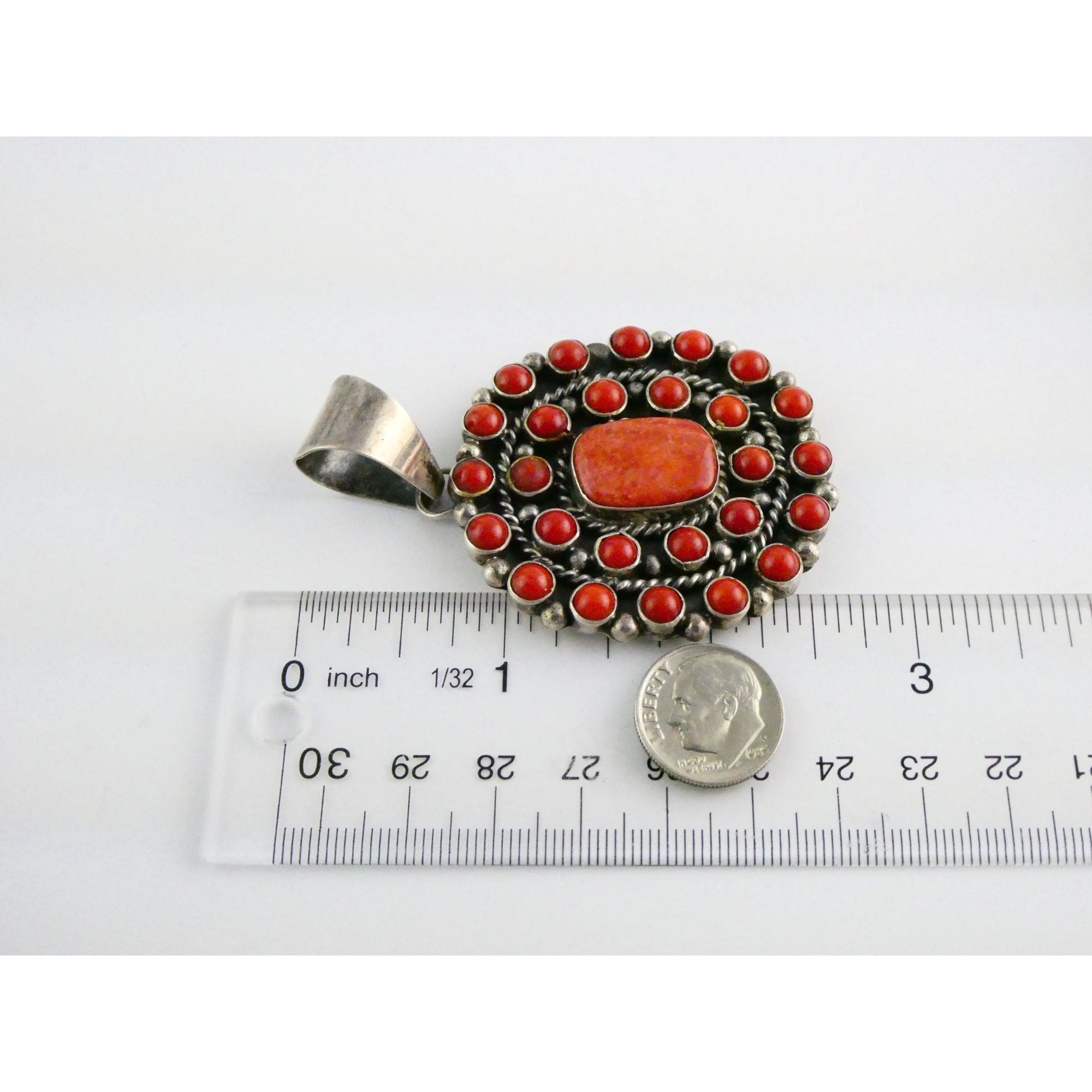 NA Navajo L Etsitty Sterling Silver Red Coral Studded Pendant 29.5g 2.5 Inches