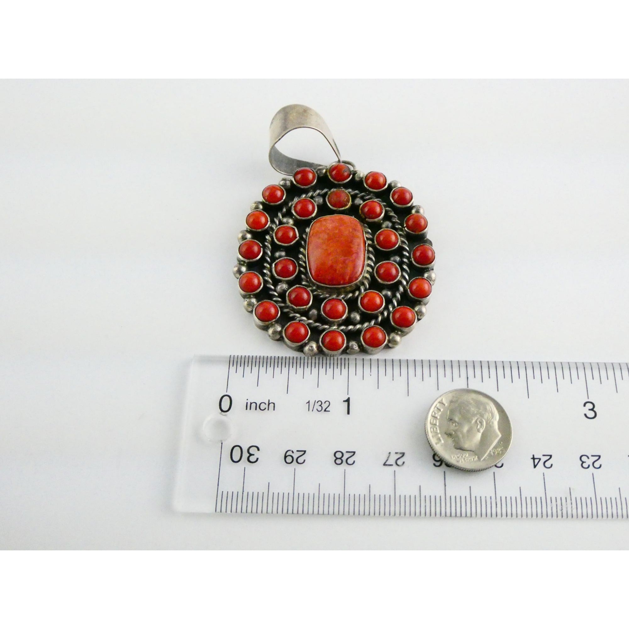 NA Navajo L Etsitty Sterling Silver Red Coral Studded Pendant 29.5g 2.5 Inches